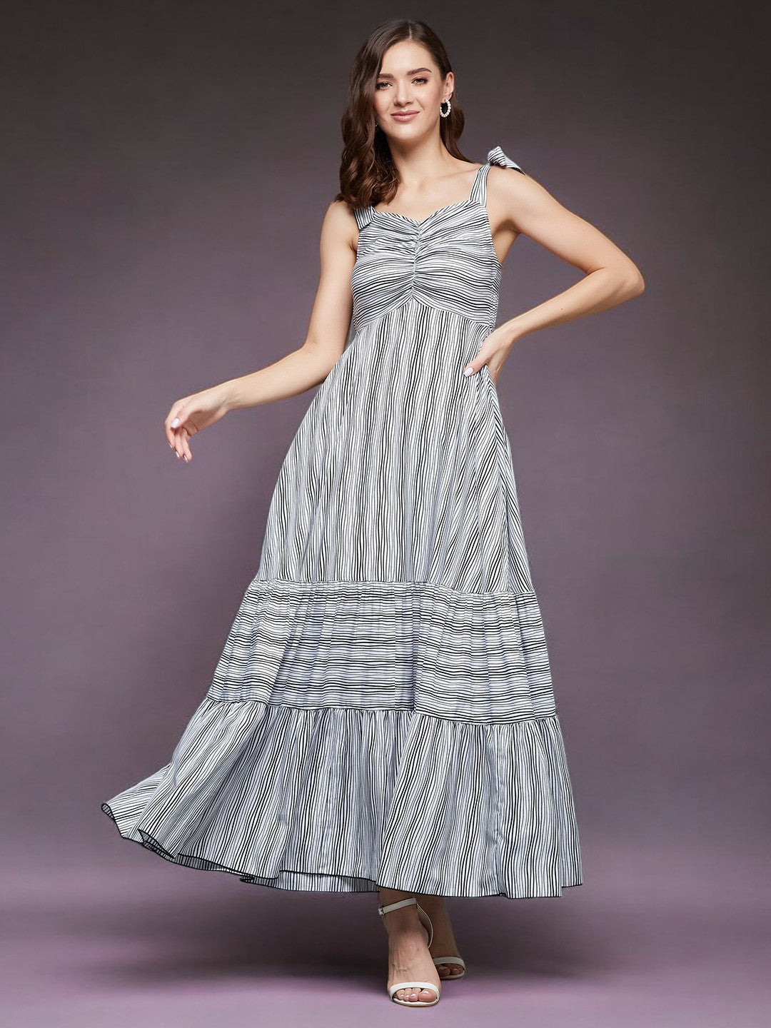 Black & White Sleeveless Tiered Maxi Dress Long Dress Gown Frock for Women | Birthday Party Dresses