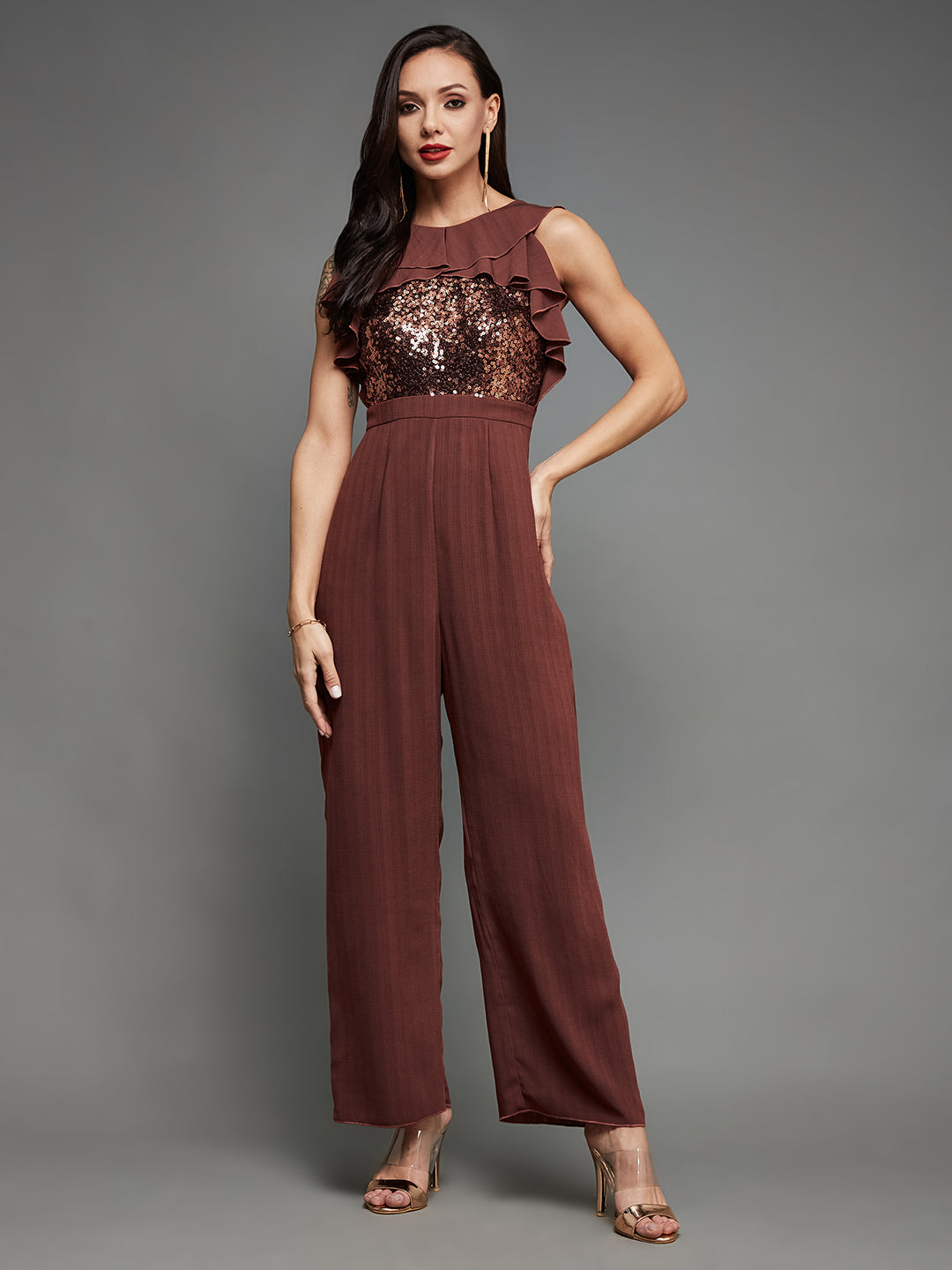 Women's Light Burgundy Halter Neck Sleeveless Sequined Party Crepe Ruffled Jumpsuit