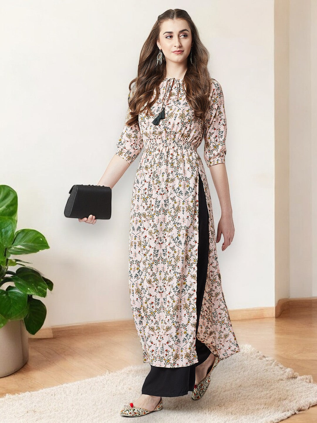 Peach Round Neck 3/4 Sleeve Floral Tie-Up Tassel Detailing Front Slit Maxi Top for Women