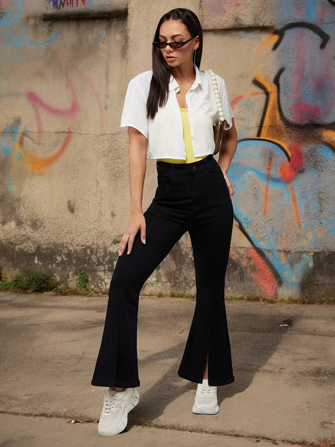 24/7 Comfort Black Bell-Bottom Bootcut Hourglass High-Rise Stretchable Slit Denim Jeans