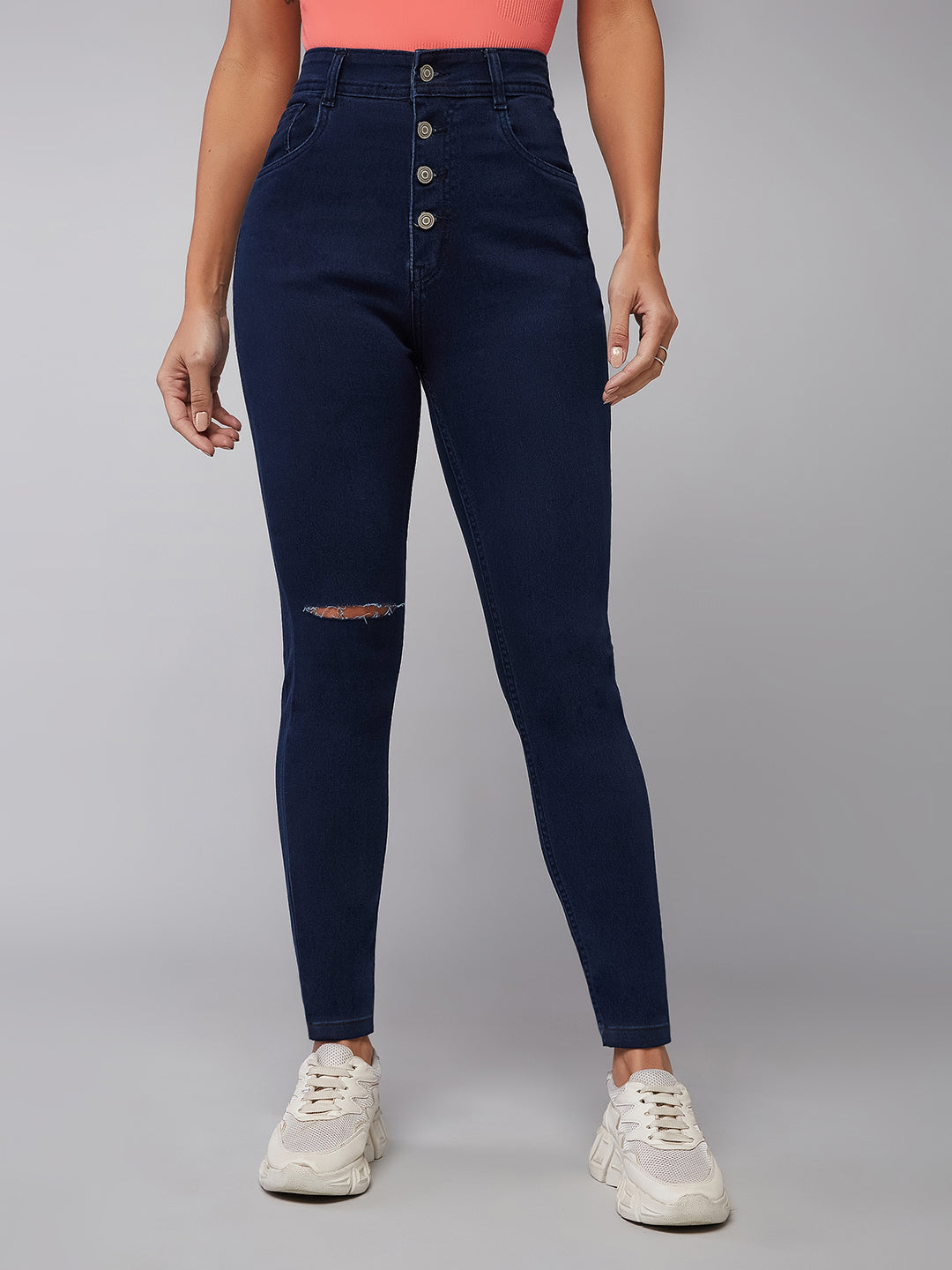 CHASEstretch™ Navy-Blue Skinny High-Rise Knee-Slit Denim Jeans