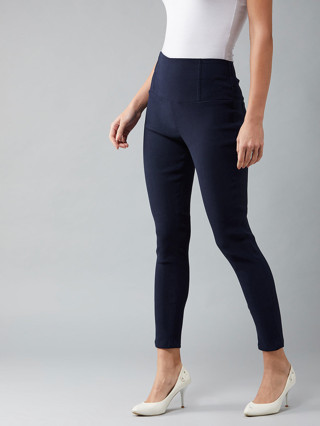 Women's Navy Blue Solid High-Waist Patch Pocket Regular Length Treggings
