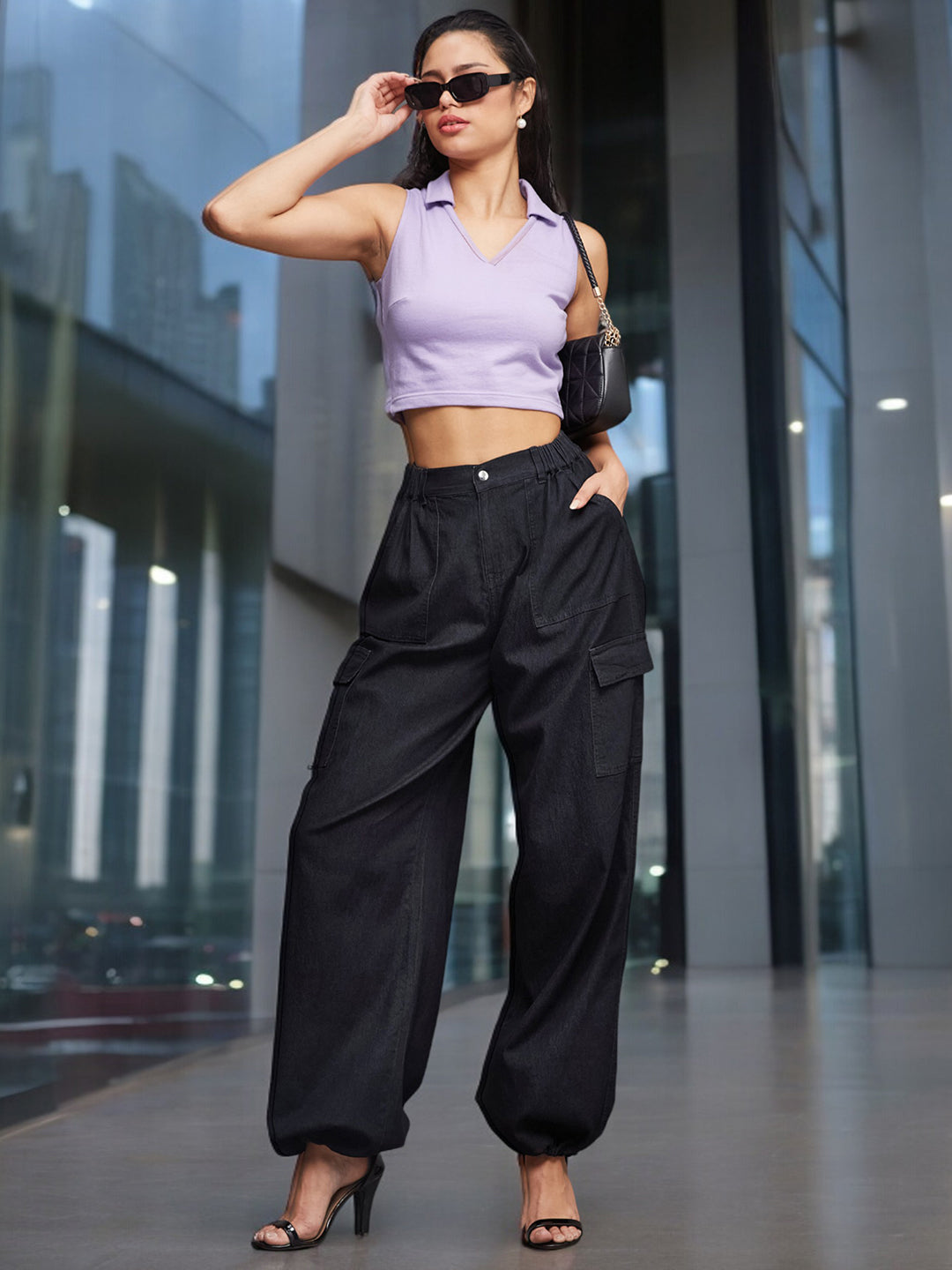 24/7 Comfort Black High-Rise Stretchable Light Weight Cotton Blend Denim Parachute Pants