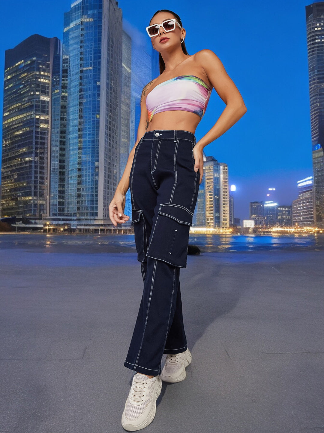 24/7 Comfort Navy-Blue Wide-Leg High-Rise Stretchable Denim Jeans