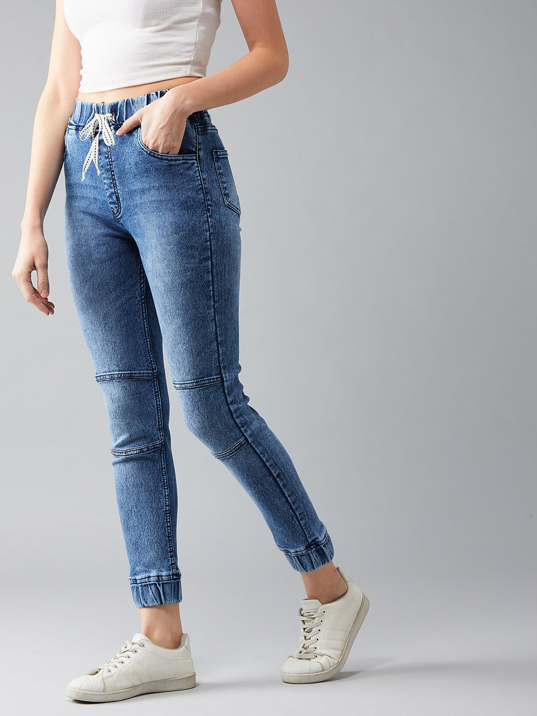 Women's Blue Relaxed Fit Mid Rise Regular Length Denim Stretchable Jogger  Pants