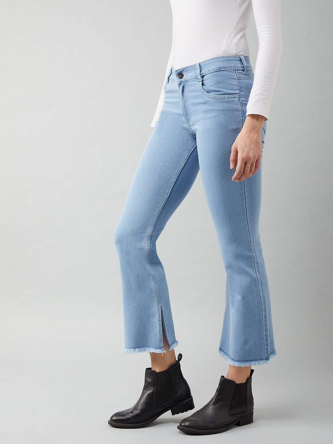 Women's Light Blue Bell-Bottom Semi Bootcut High-Rise Cropped Stretchable Denim Jeans