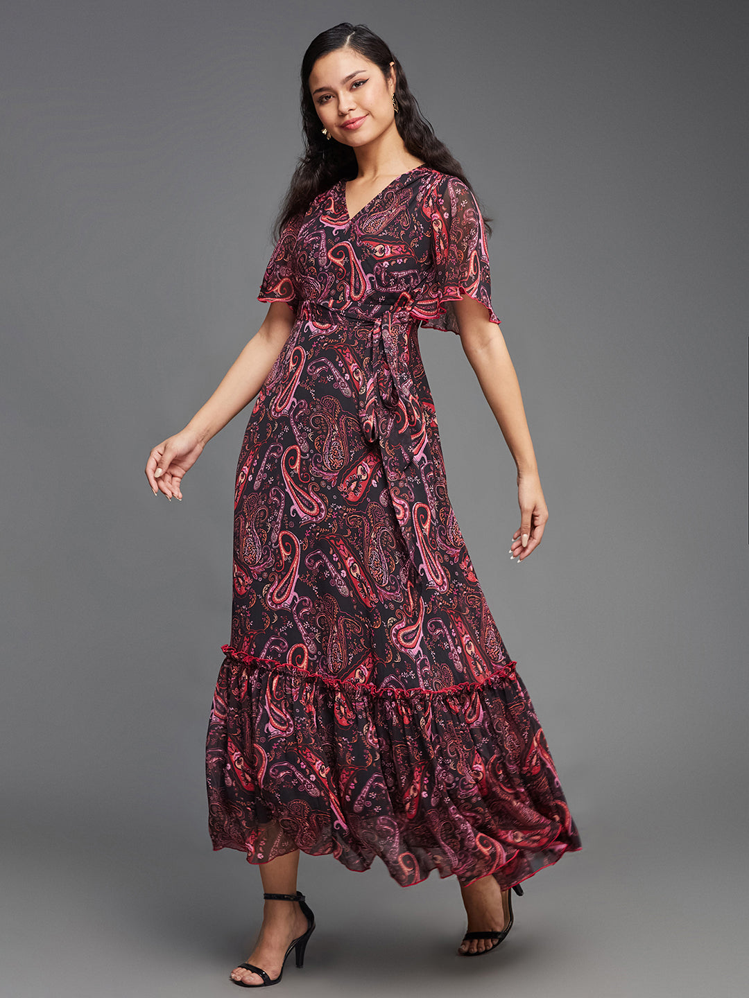 Women's Multicolored-Base-Black Bohemian V-Neck Flutter Sleeve Chiffon Relaxed Fit Wrap Maxi Dress