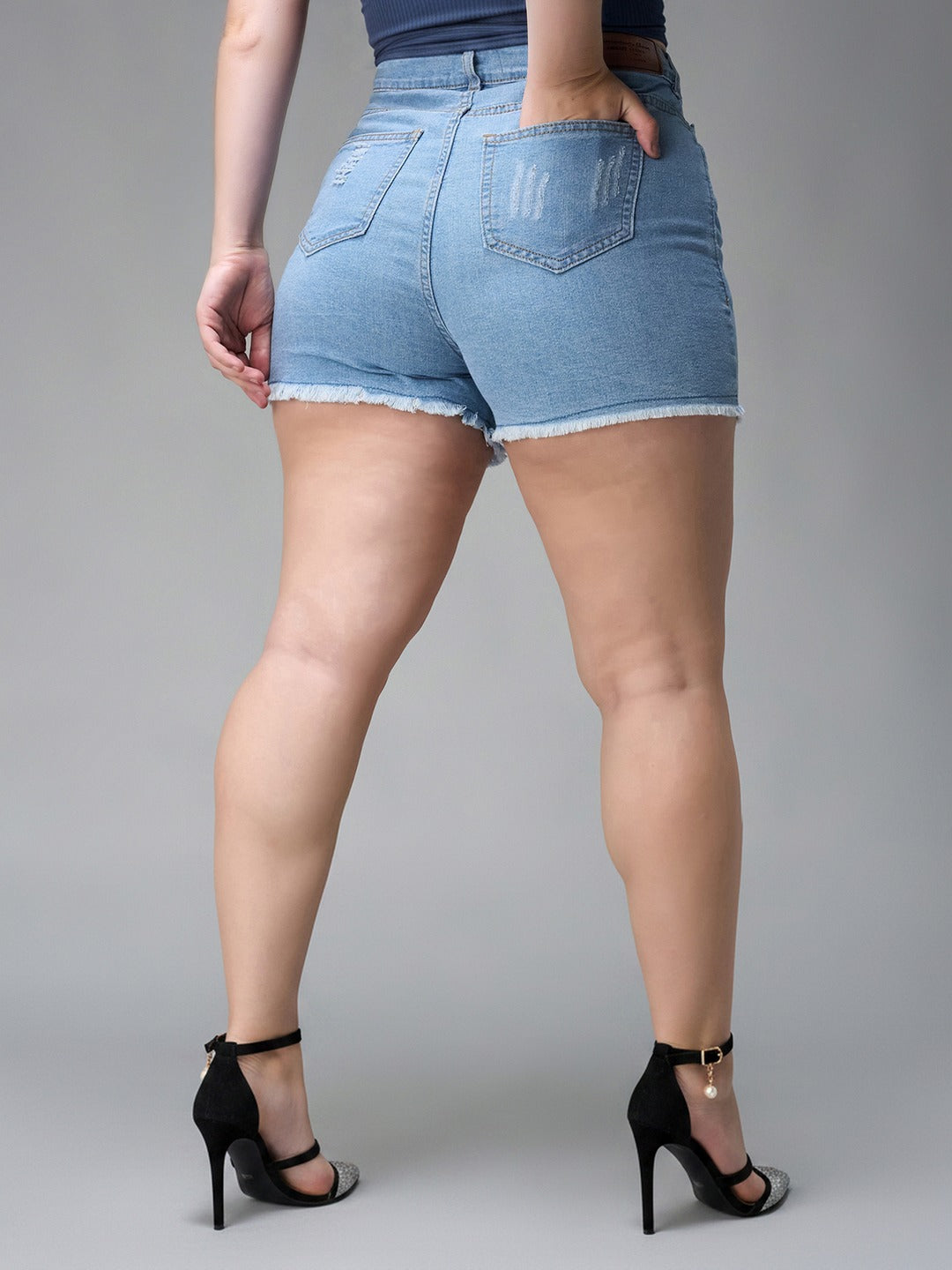 Blue Relaxed Mid Rise High Distress Regular Non Stretchable Denim Shorts for Women