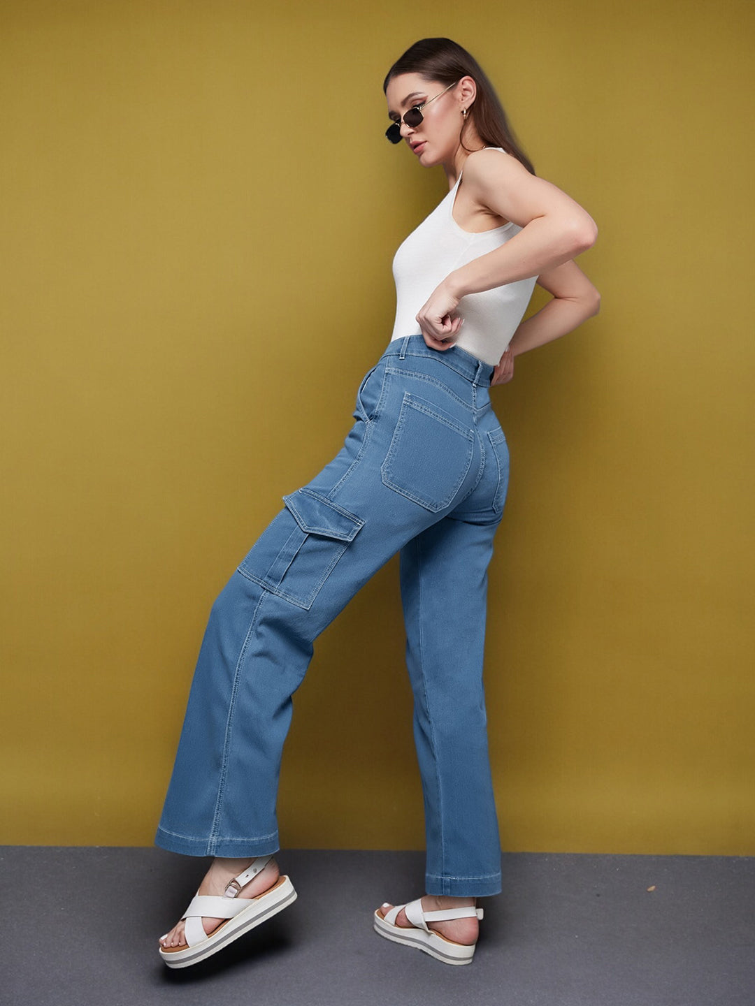24/7 Comfort Blue Wide-Leg Cargo High-Rise Stretchable Denim Jeans