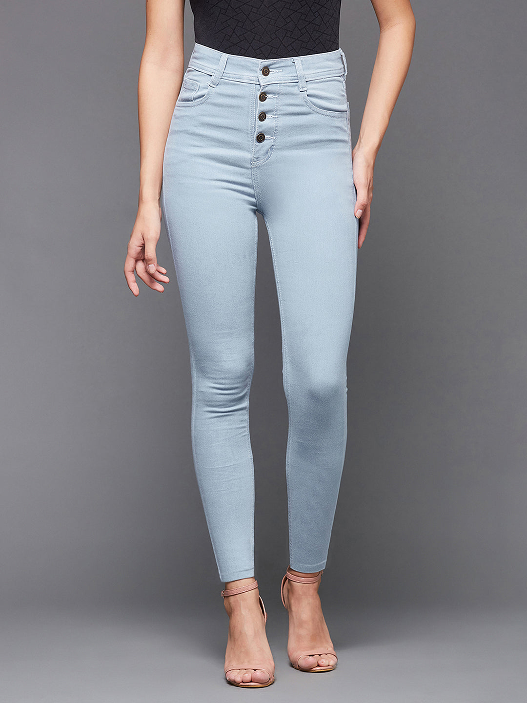 Women's Light Blue Skinny High-Rise Distressed Ice-Wash Denim Jeans