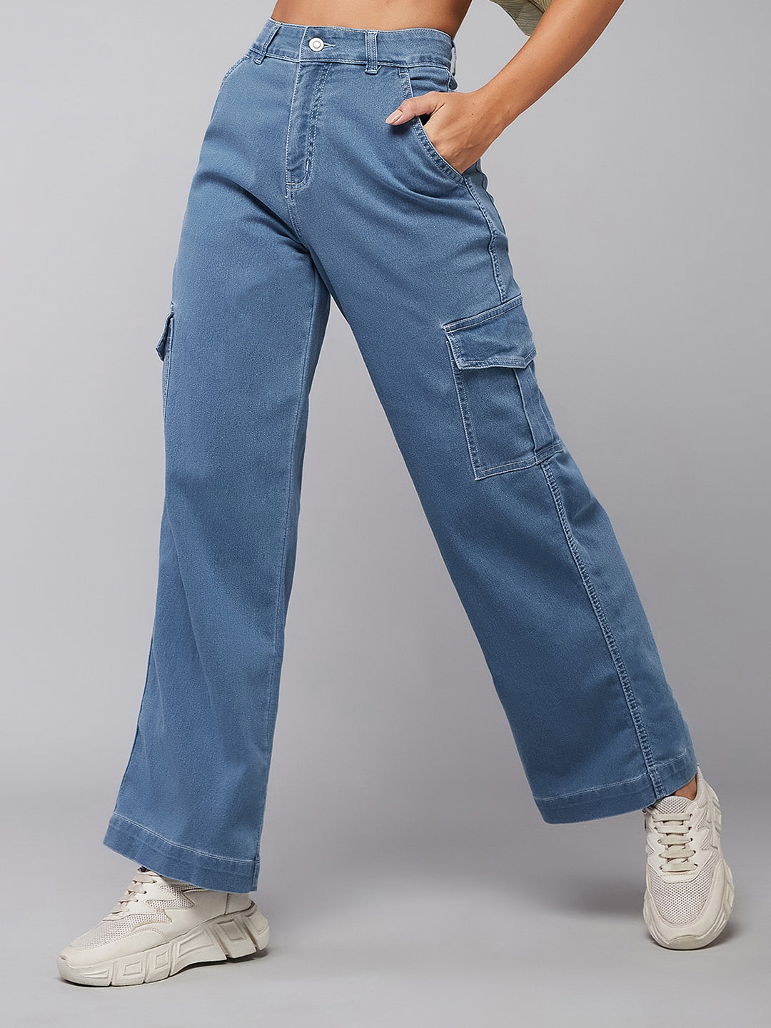 24/7 Comfort Blue Wide-Leg High-Rise Cargo Regular Stretchable Denim Jeans