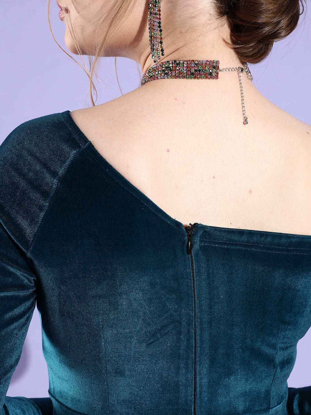 Teal-Colored One Shoulder Full Sleeve Solid Asymmetric Regular-Length Velvet Jumpsuit for Women