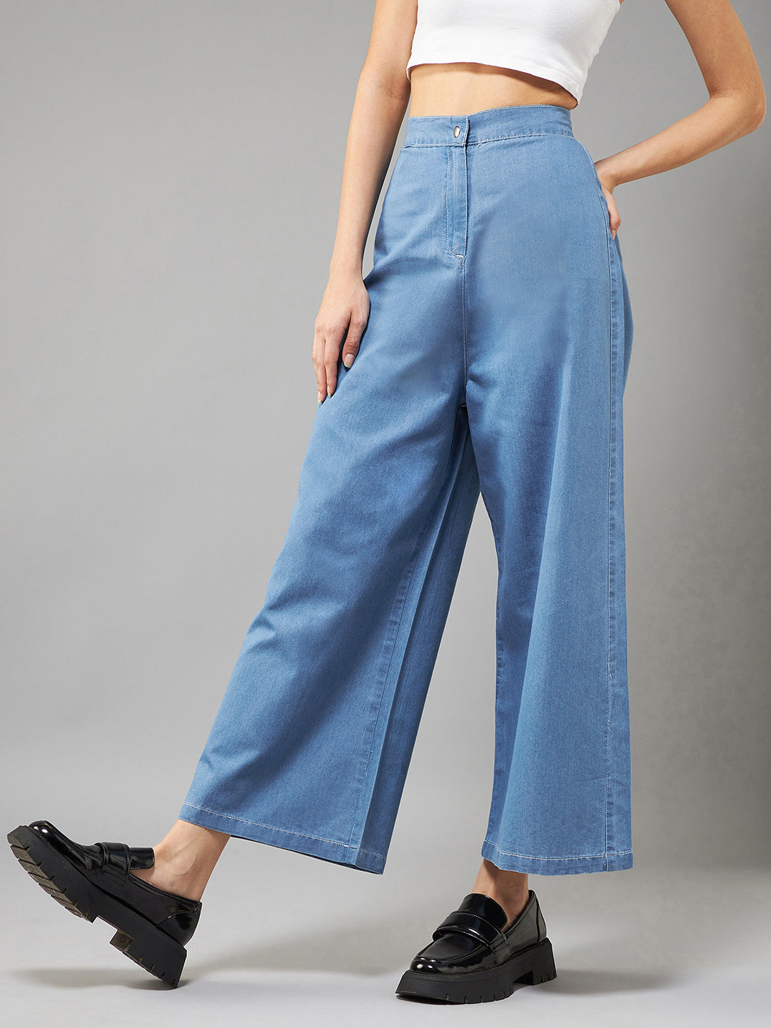 Women's Blue Flared Wide-Leg High-Rise Non Stretchable Culottes Pants