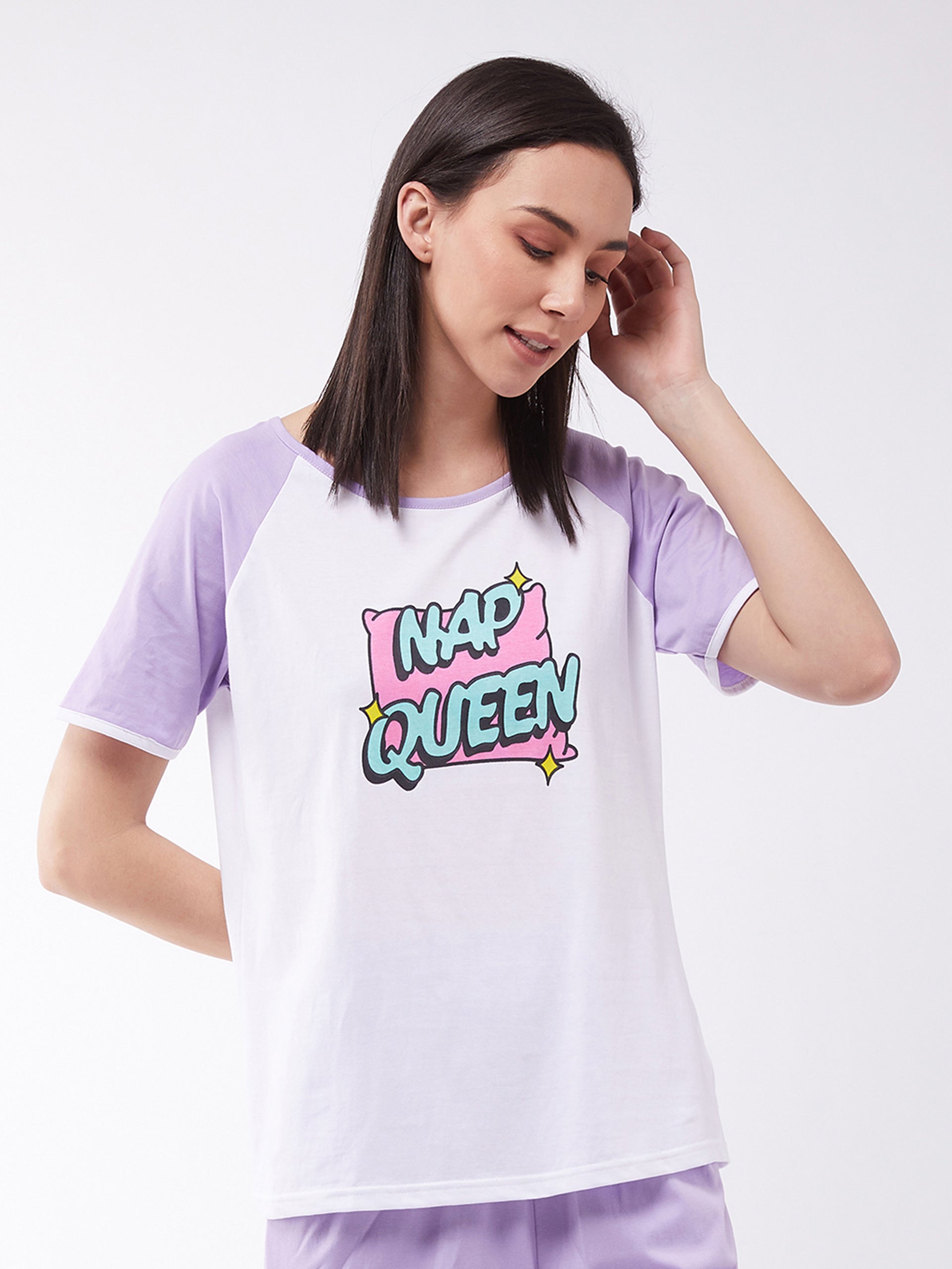 Women's White and Lilac Regular length Printed Short Sleeves Round Neck T-shirt