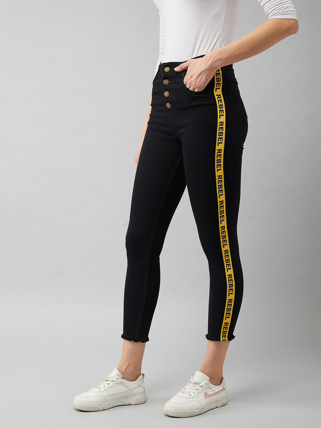 Women's Black Cotton Skinny-Fit Cropped High-Rise Stretchable Denim Jeans
