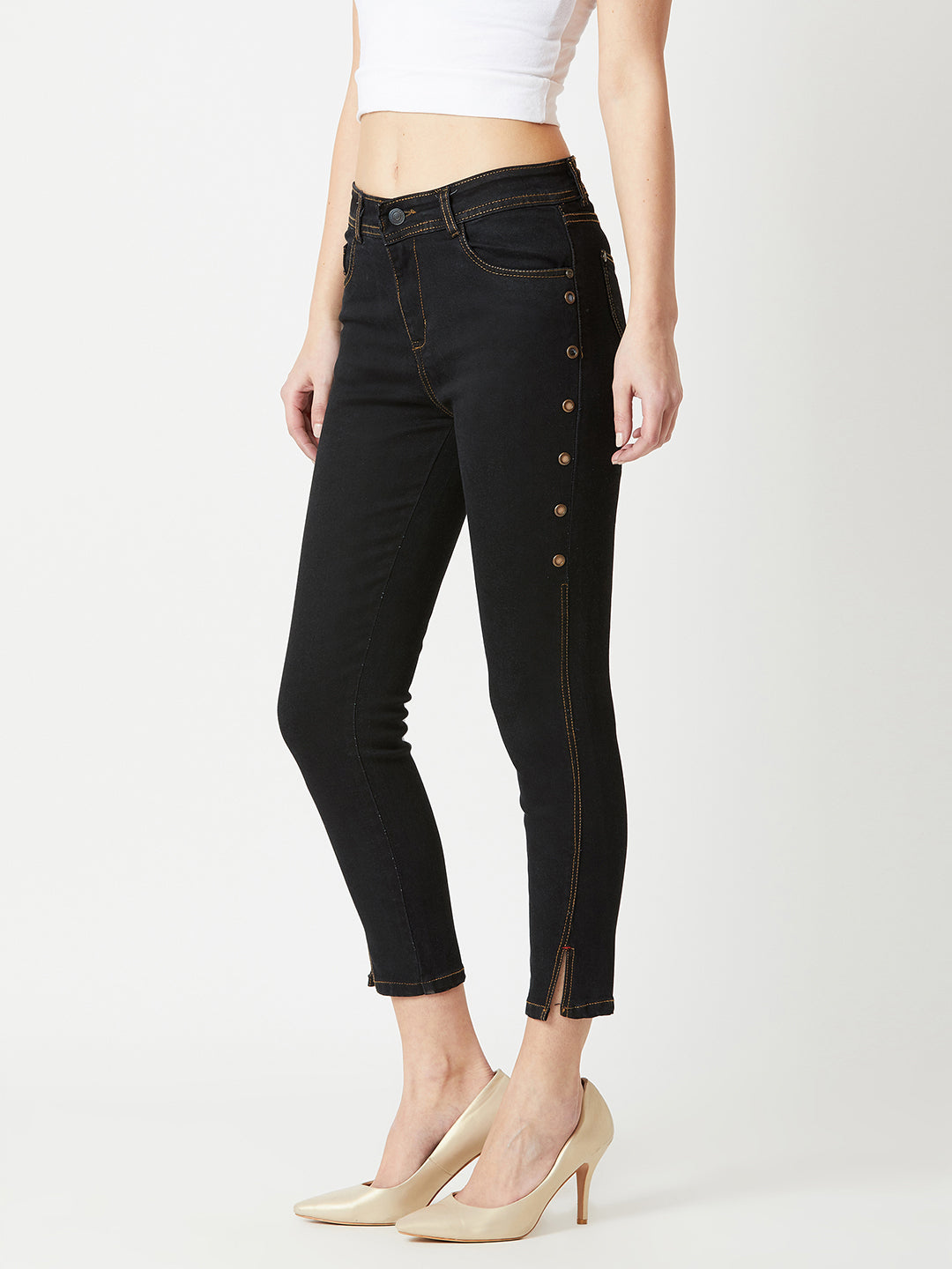 Women's Black Skinny High-Rise Side-Slit Solid Eyelet Embellished Cropped-Length Stretchable Denim Jeans