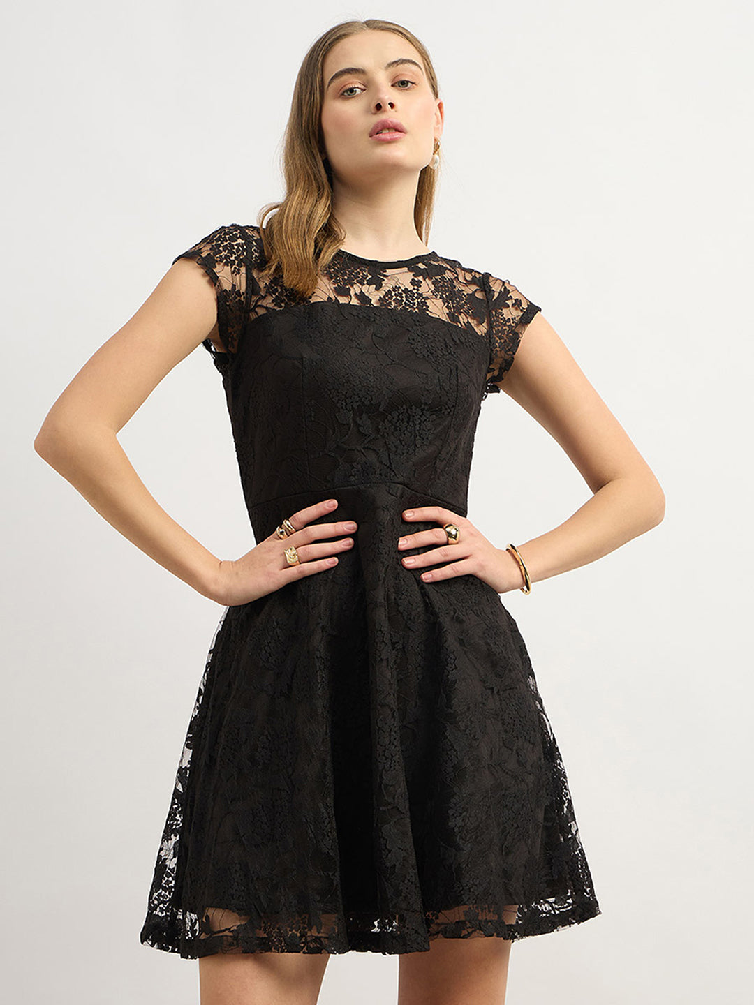 Black Round Neck Cap Sleeves Low Back Lace Skater Dress for Women