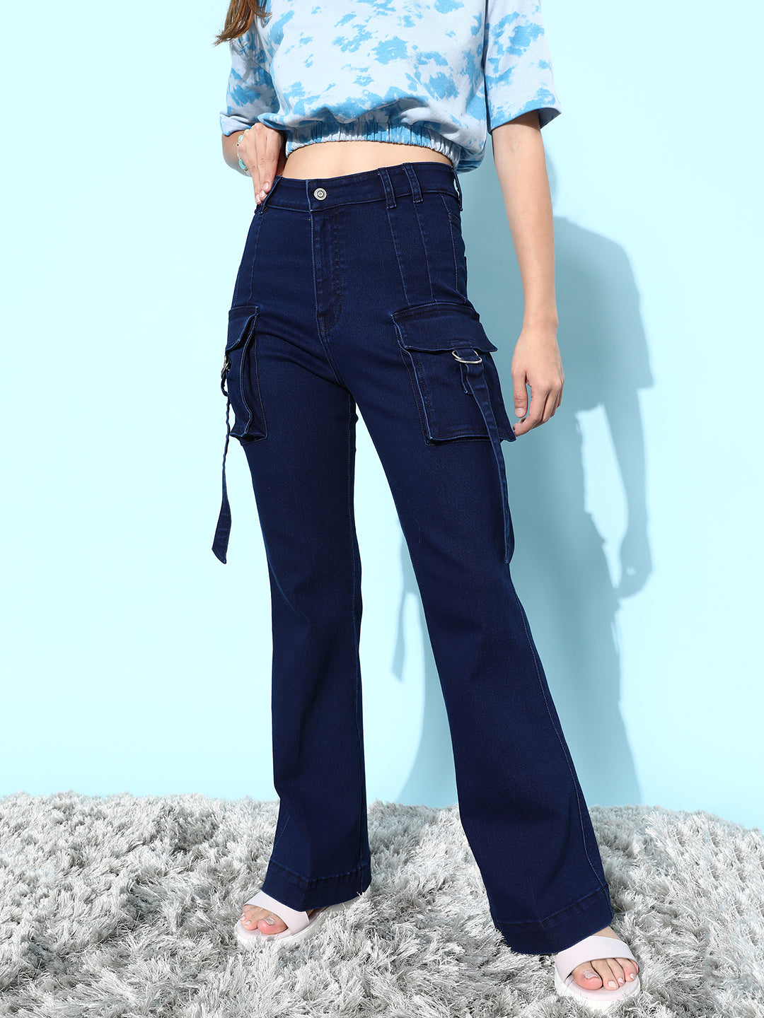 24/7 Comfort Navy-Blue Bootcut High-Rise Stretchable Cargo Denim Jeans
