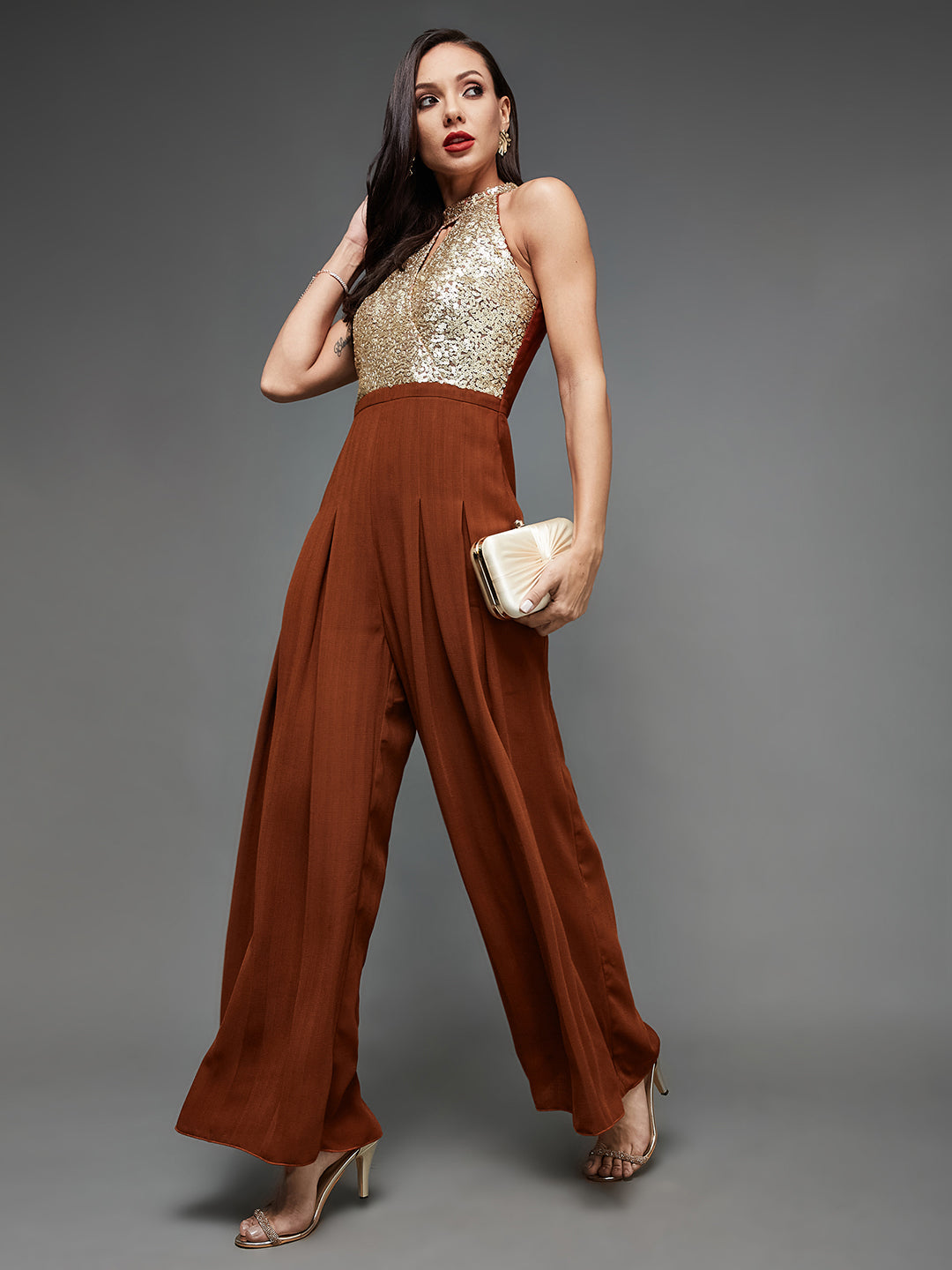 Women's Rust Halter-Neck Sleeveless Gold Sequined Pleated Crepe Party Jumpsuit