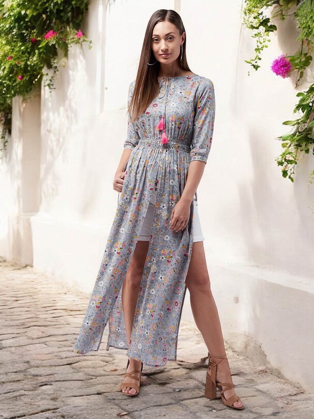 Multicolored-Base-Grey Round neck 3/4th Sleeve Floral Elasticated Maxi Top for Women