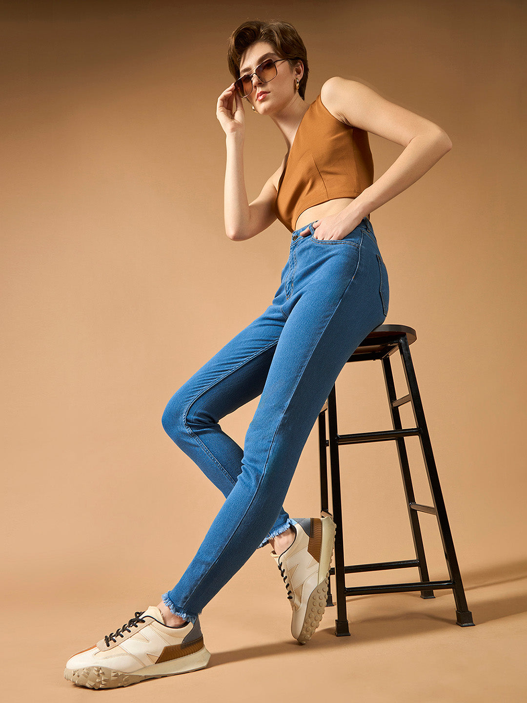 Women's Blue Skinny High-Rise Cropped-Length Fringe Detailing Stretchable Denim Jeans