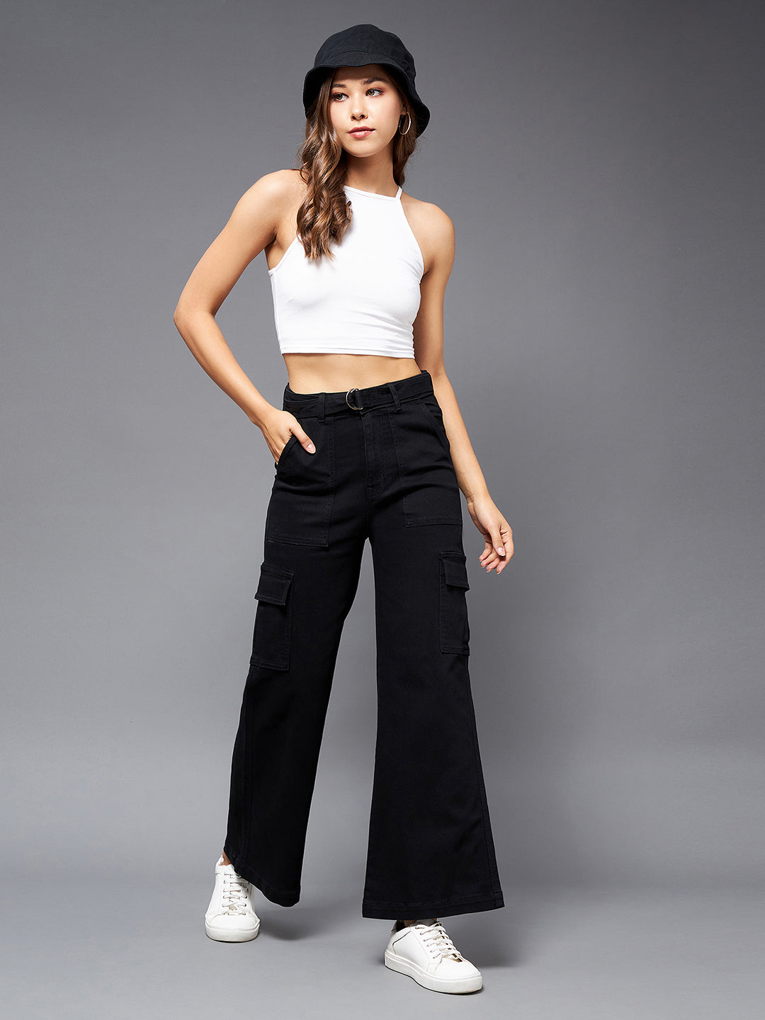 24/7 Comfort Black Wide-Leg Cargo High-Rise Stretchable Denim Jeans