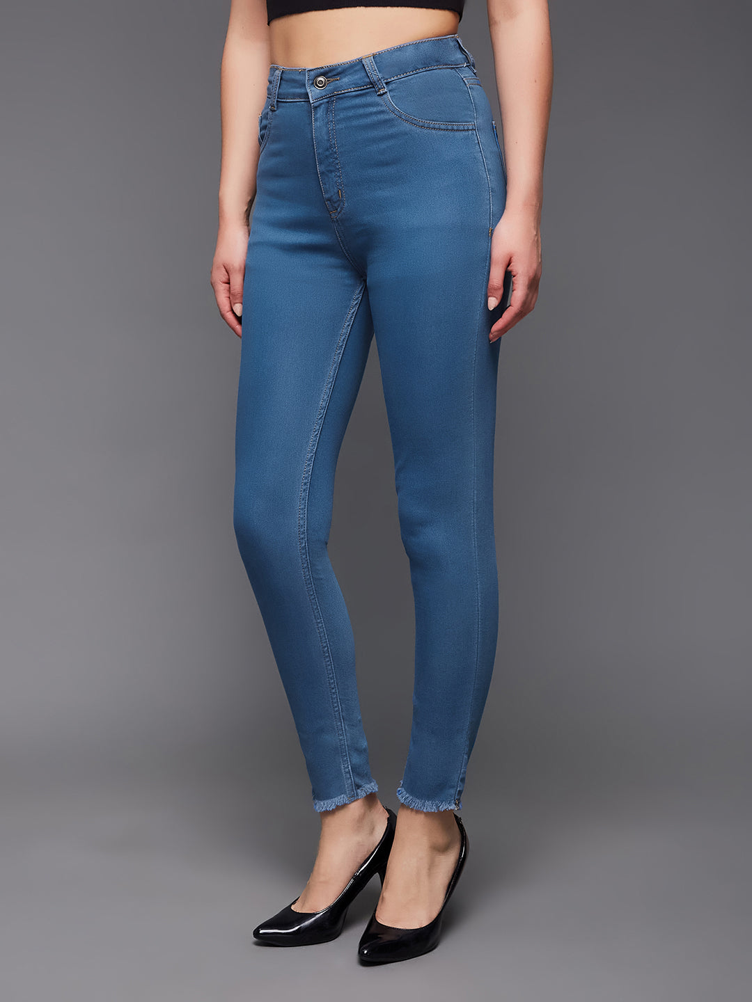 Women's Blue Skinny High-Rise Cropped-Length Fringe Detailing Stretchable Denim Jeans