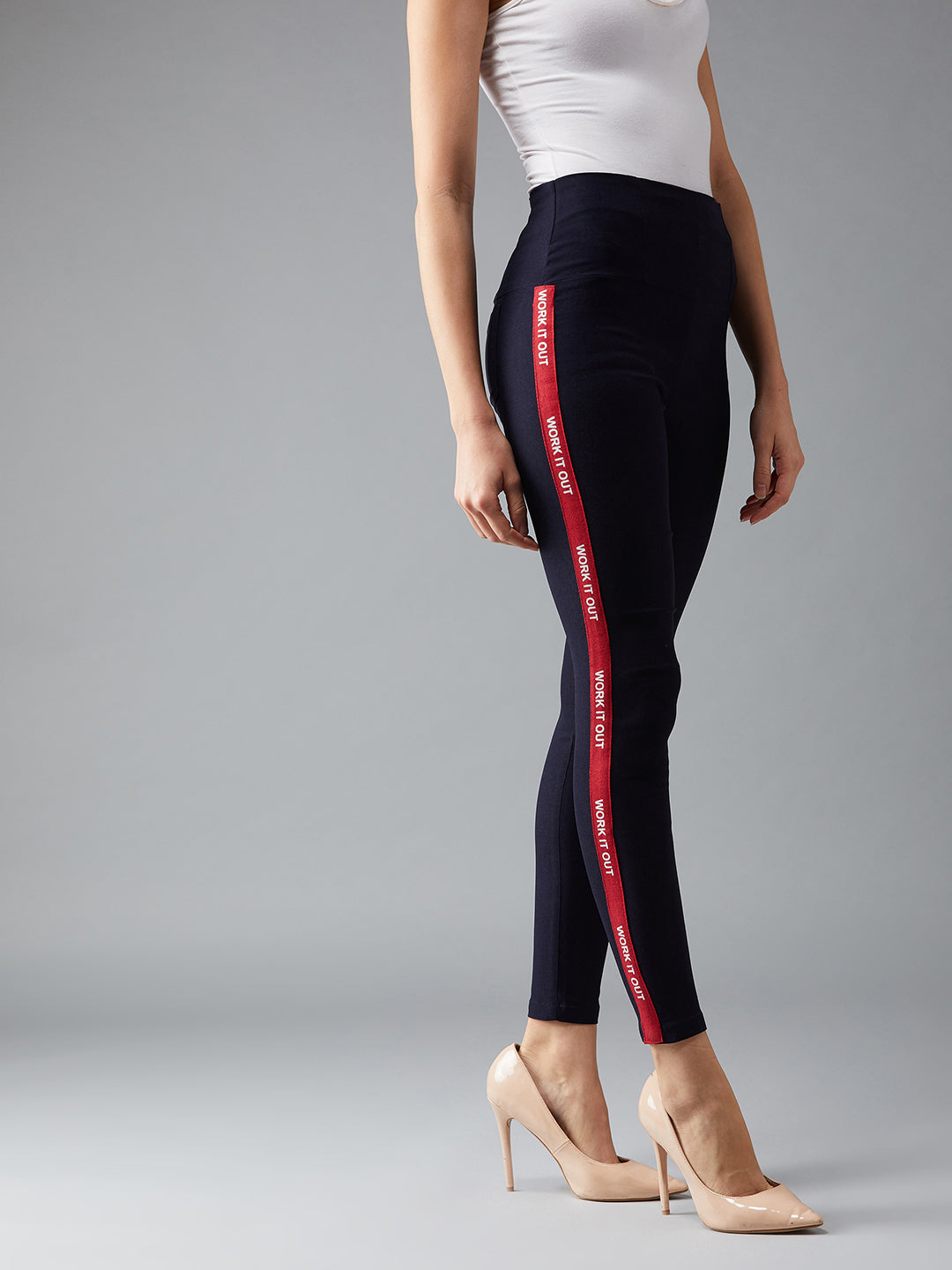 Women's Navy Blue Twill Tape Detailing Solid High-Waist Regular Length Patch Pocket Treggings