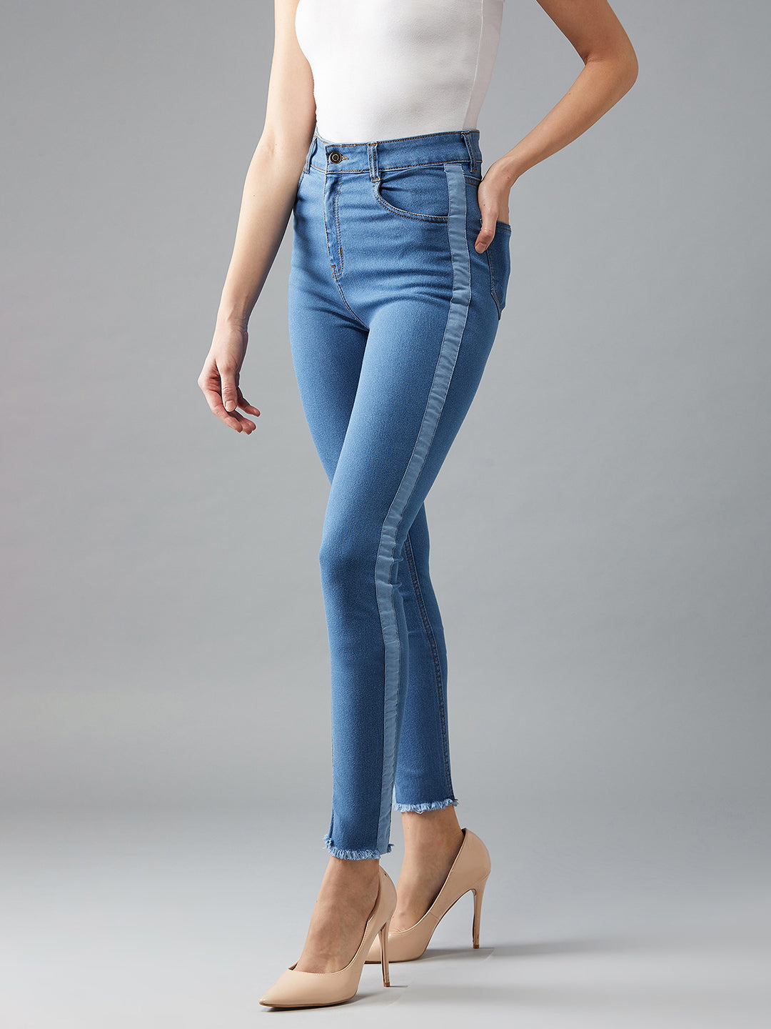 Women's Blue Skinny High-Rise Clean-Look Fringe And Silky Denim Tape Detailing Cropped Denim Jeans