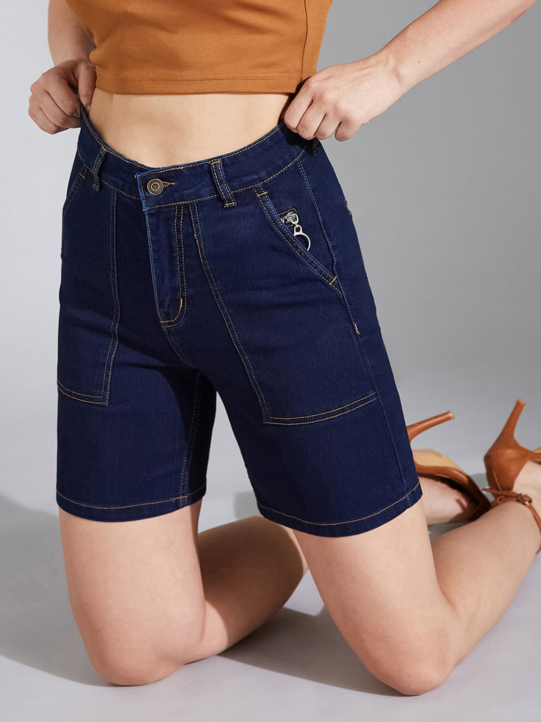 Women's Navy Blue Regular High-Rise Clean-Look Above-Knee Stretchable Denim Shorts