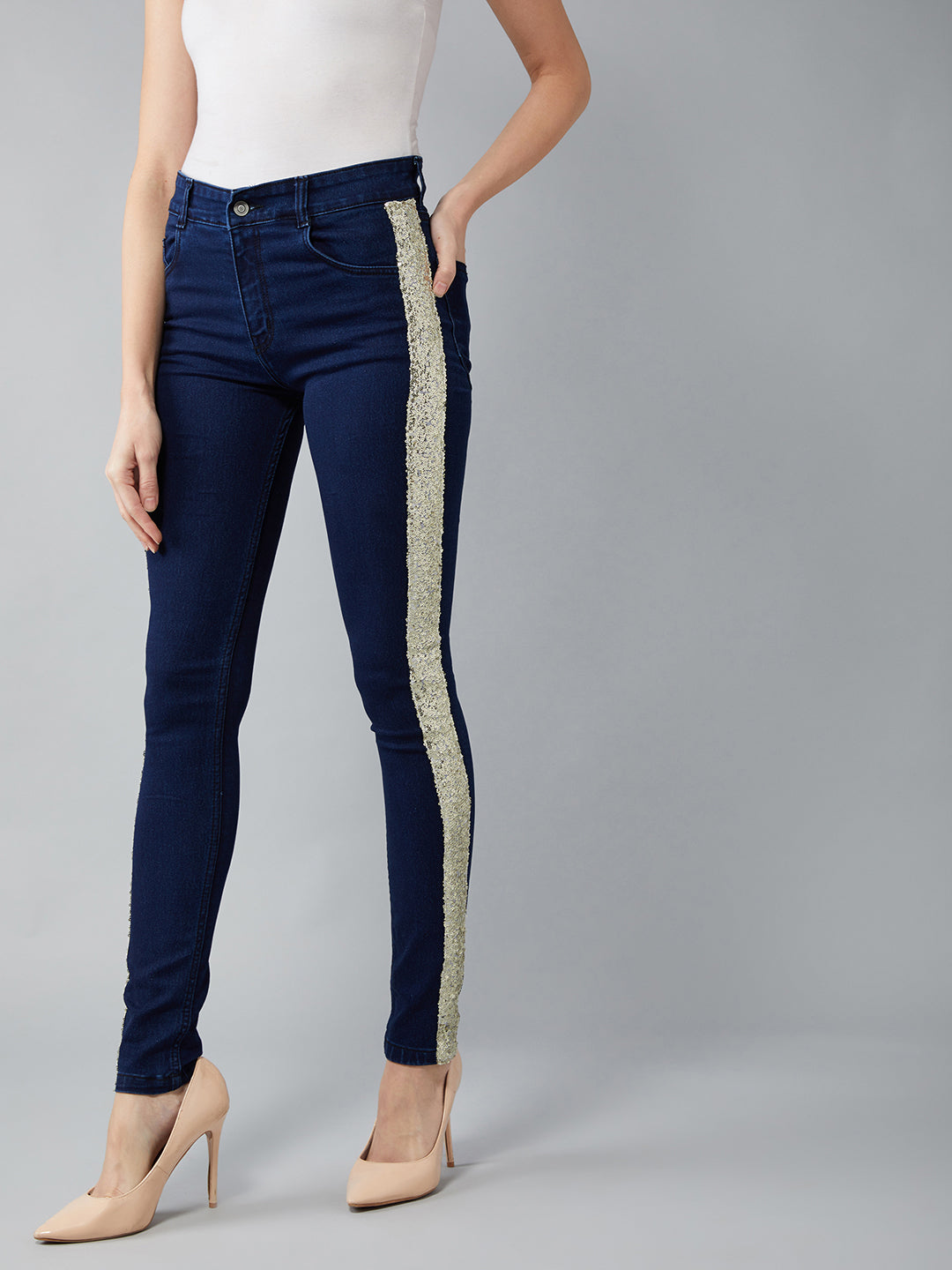 Women's Navy-Blue Skinny Mid-Rise Denim Jeans Pant