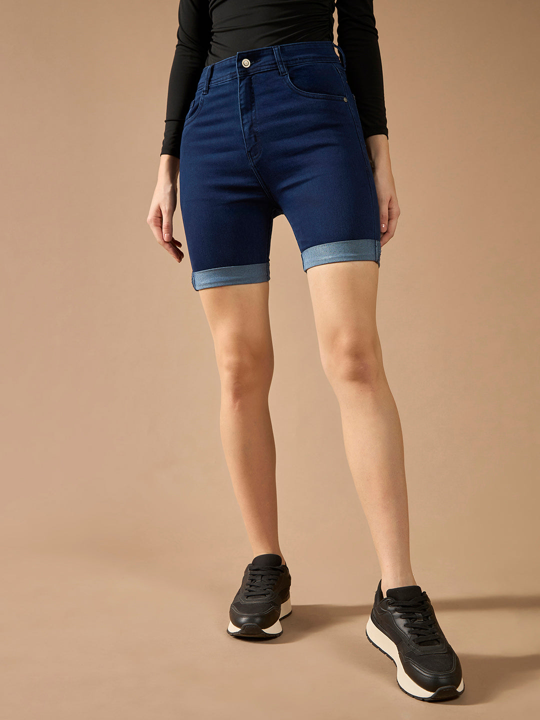 Women's Navy Blue Skinny High-Rise Clean-Look Regular Length Stretchable Denim Shorts