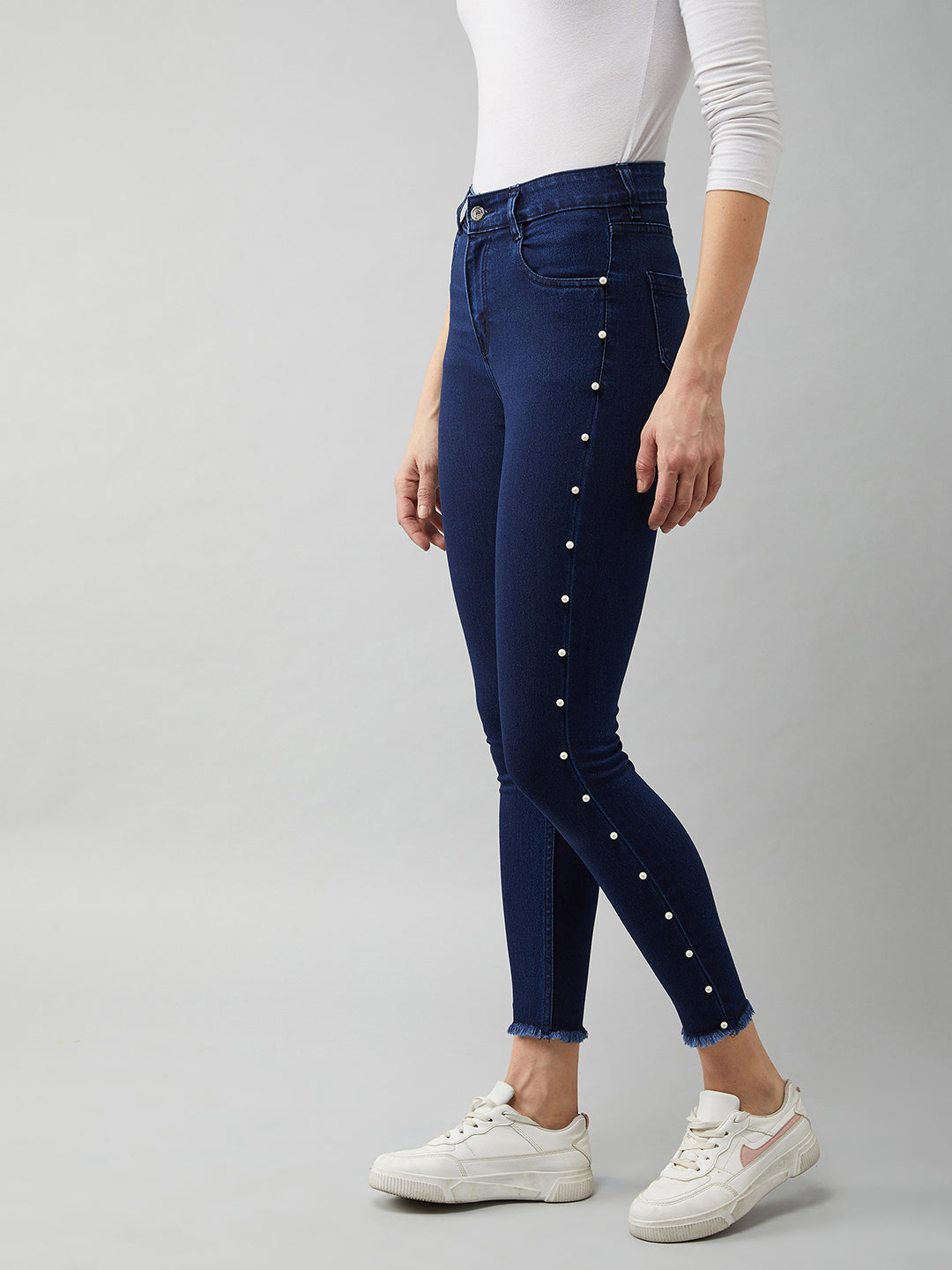 Women's Navy-Blue Cotton Skinny-Fit Cropped High-Rise Stretchable Denim Jeans