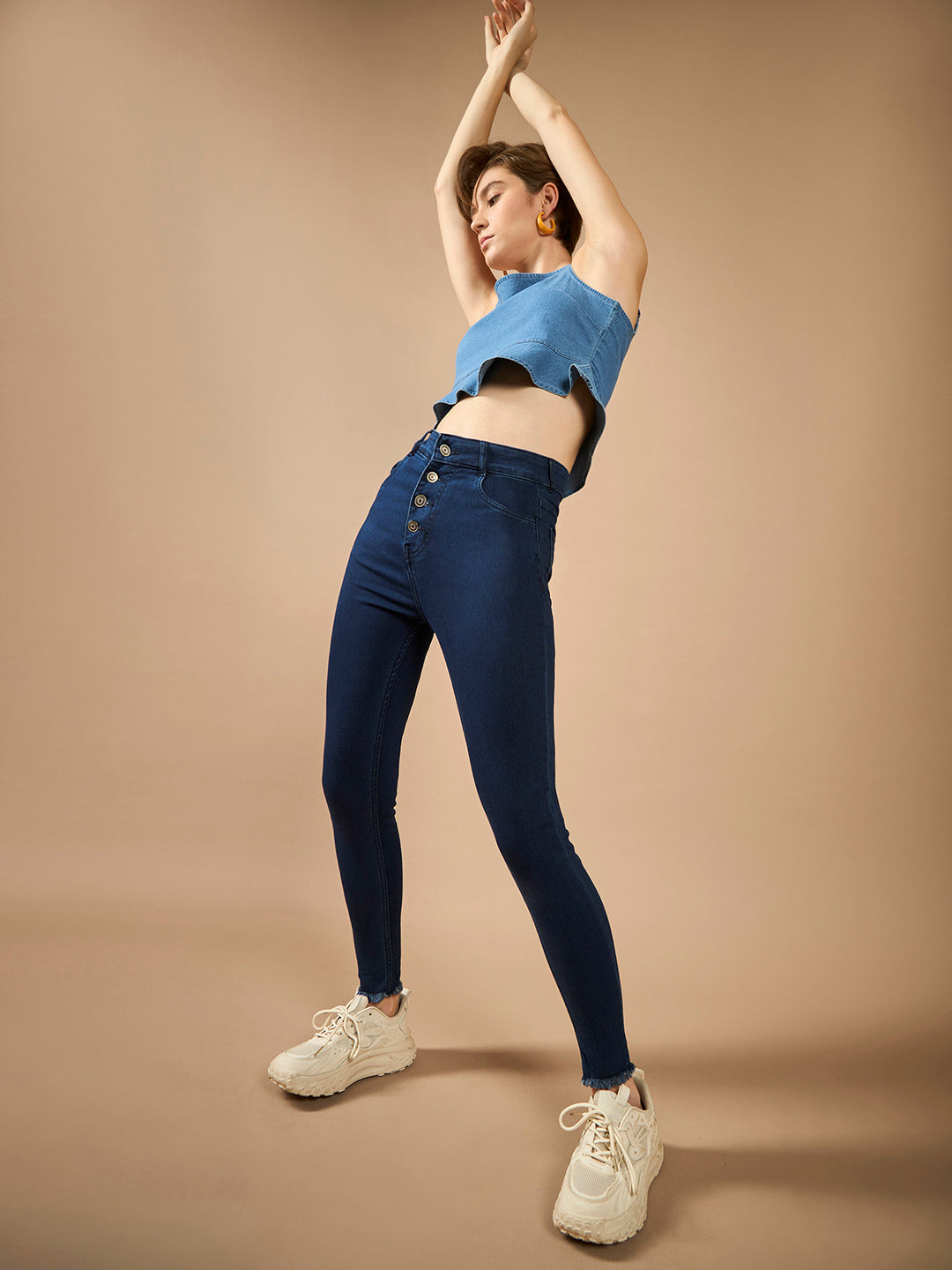 Women's Navy-Blue Skinny High-Rise Clean-Look Solid Fringed Hemline Cropped Stretchable Denim Jeans