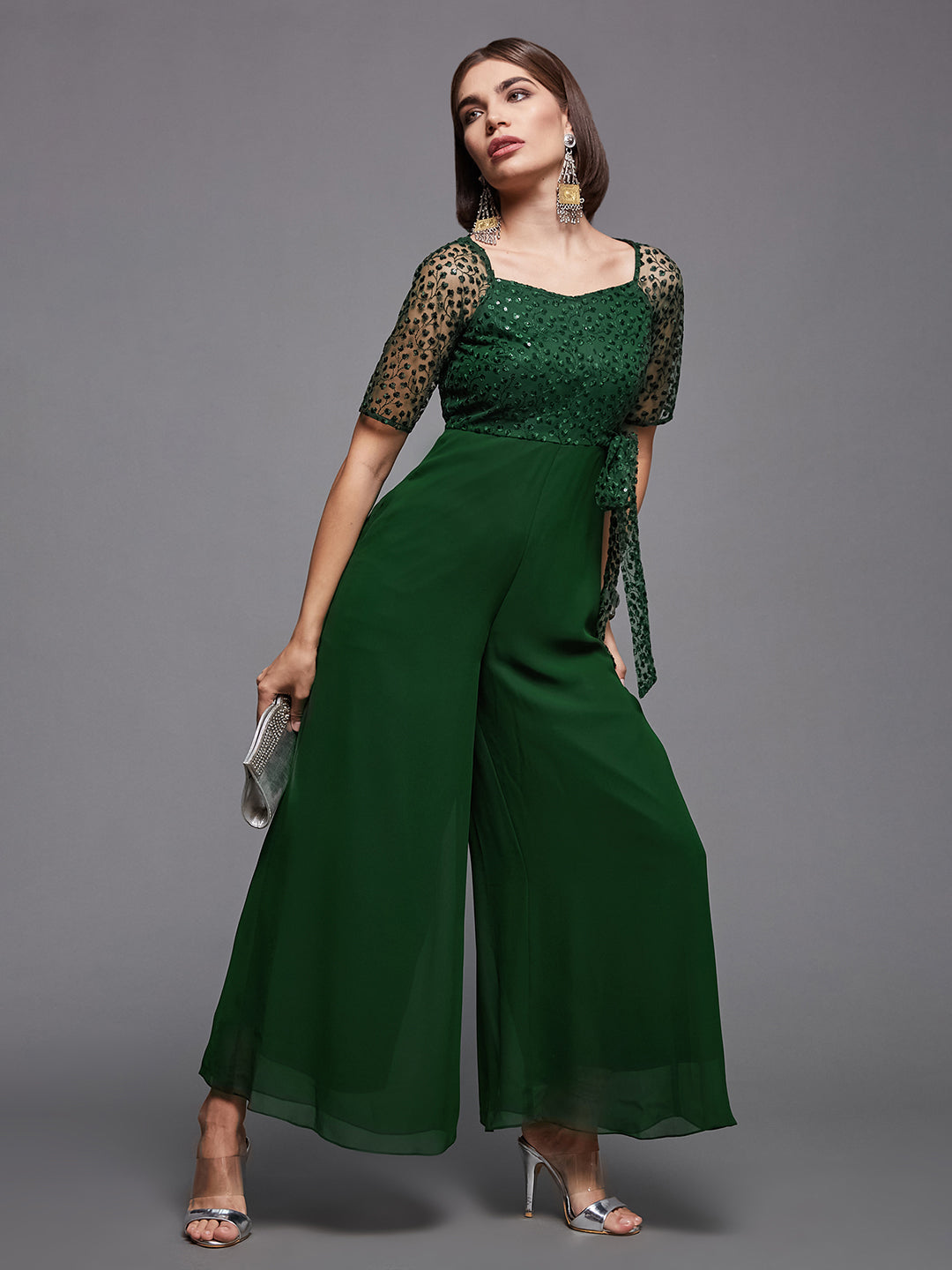 Women's Dark Green Square Neck Raglan sleeve Solid Embroidered Regular Jumpsuit