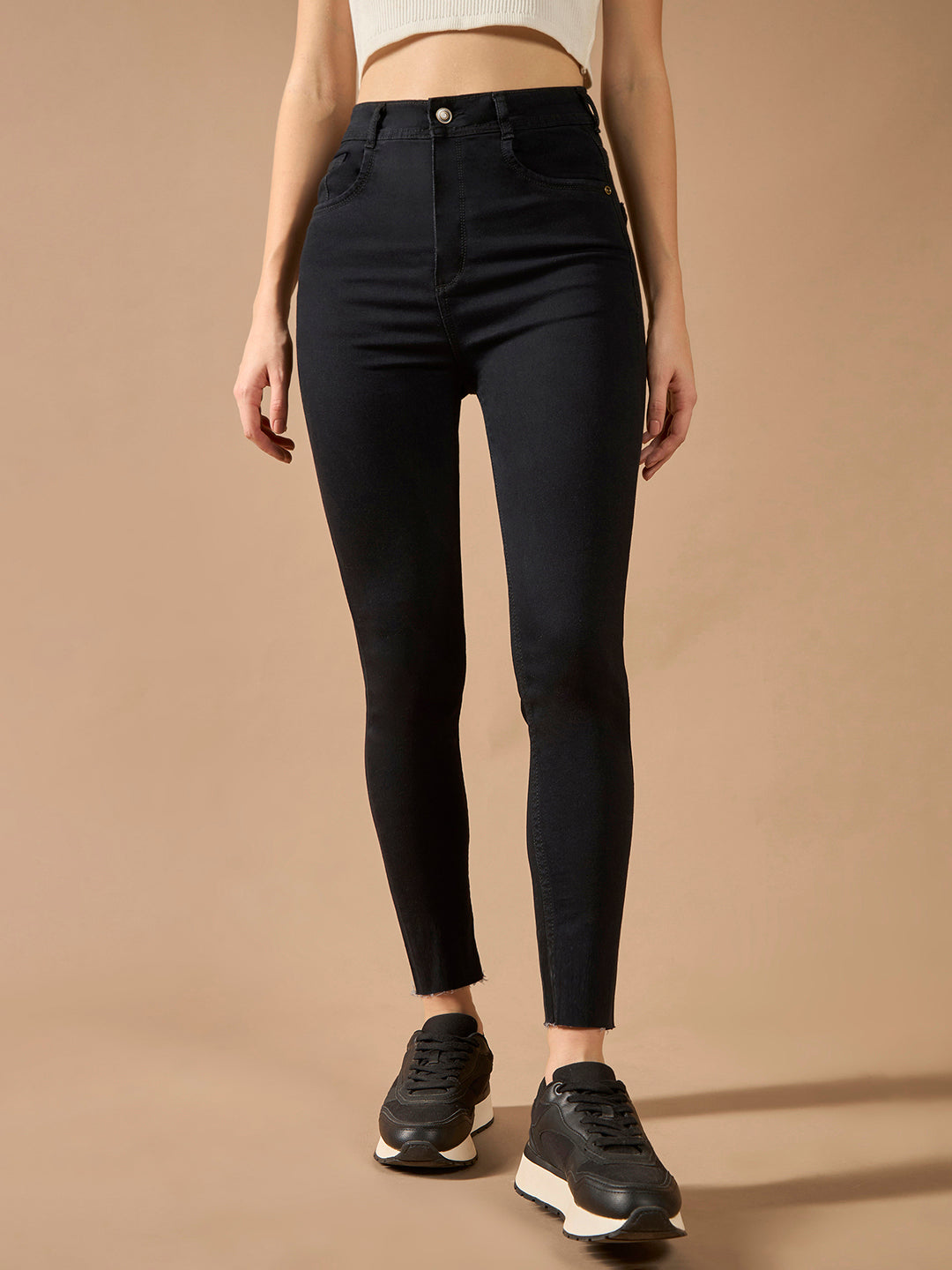 Women's Black Slim-Fit High-Rise Clean-Look Cropped-Length Stretchable Denim Jeans