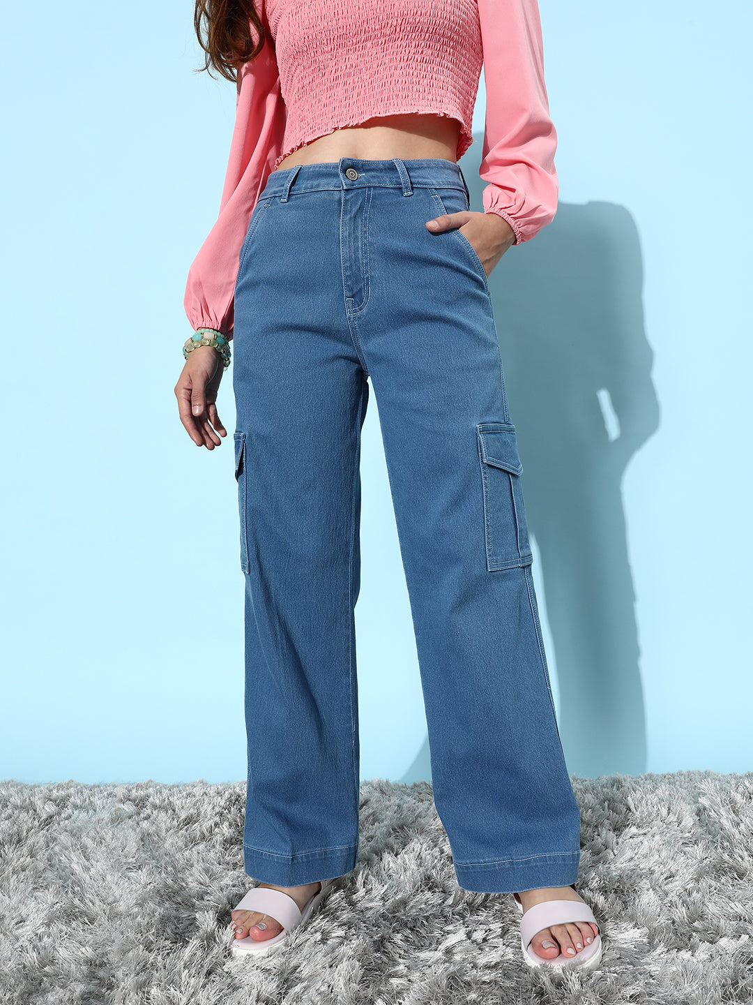 24/7 Comfort Blue Wide-Leg Cargo High-Rise Clean-Look Regular Stretchable Denim Jeans