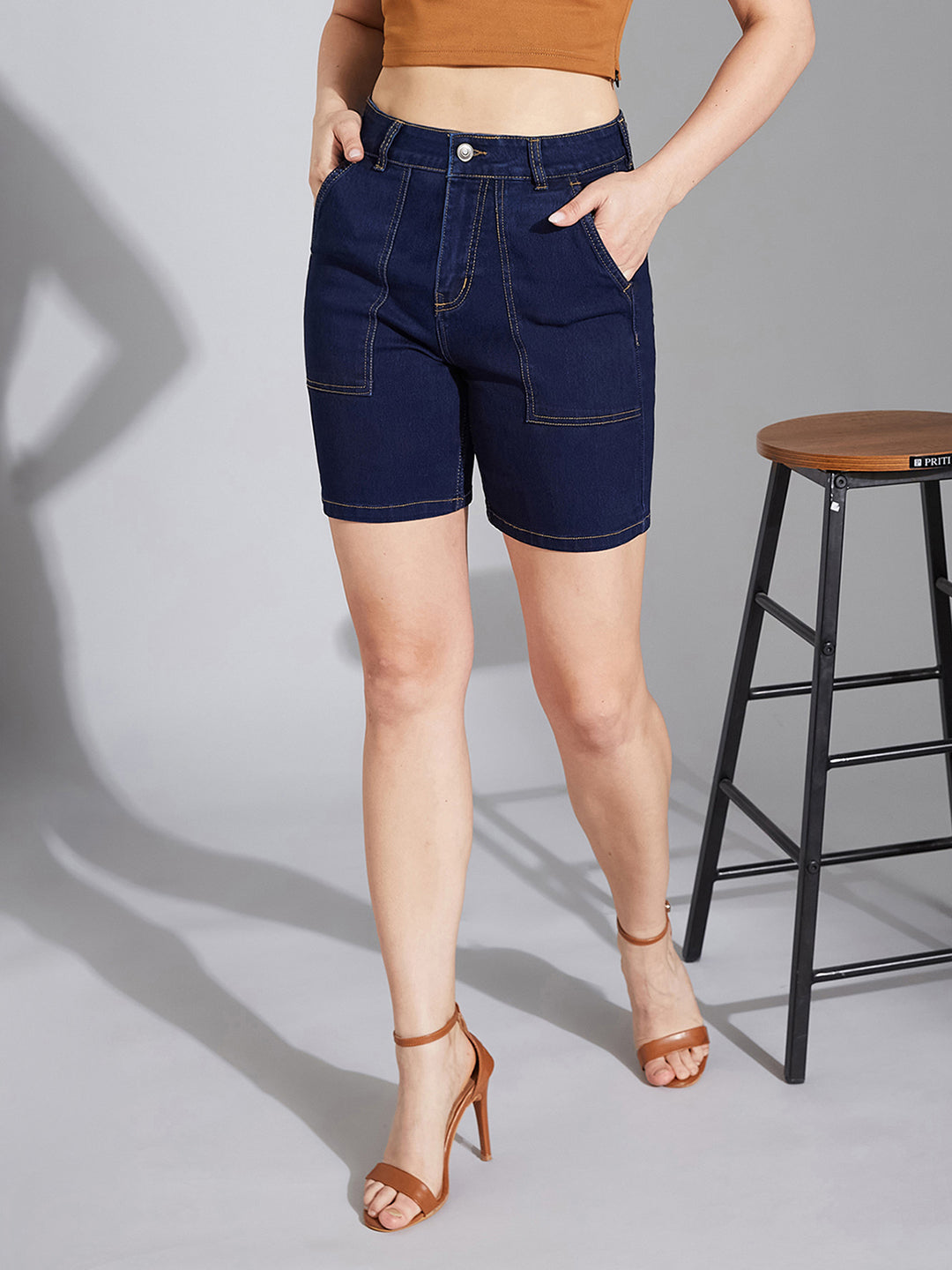 Women's Navy Blue Regular High-Rise Clean-Look Above-Knee Stretchable Denim Shorts
