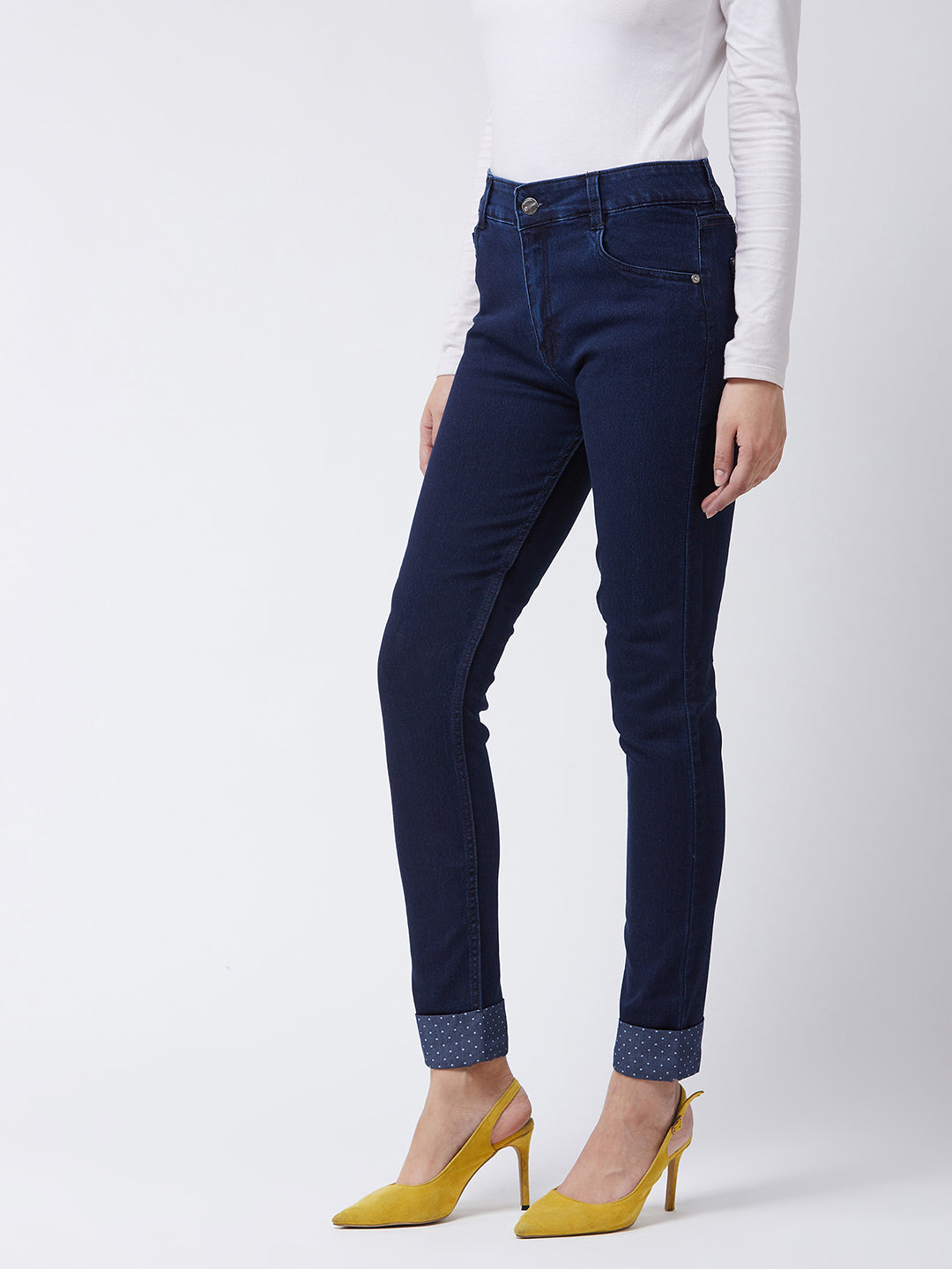 Women's Navy-Blue Skinny-Fit Mid-Rise Cropped Printed Turner Detailing Length Stretchable Denim Jeans