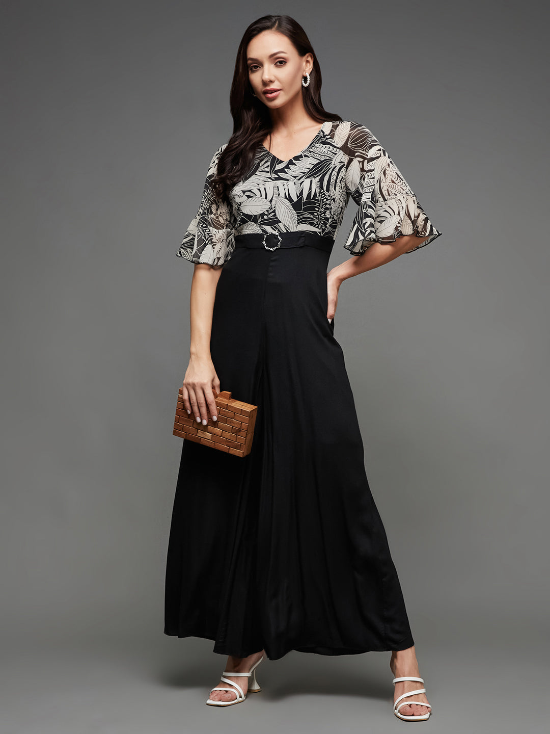 Women's Black V Neck Ruffled Sleeve Wide-Leg Printed Jumpsuit