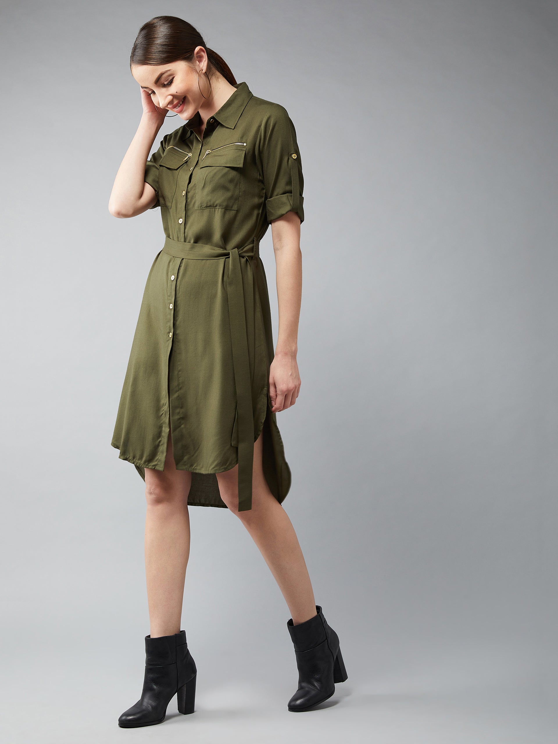 Women's Olive Green Collared Three Quarter Sleeved Solid Knee-Length Shirt Dress
