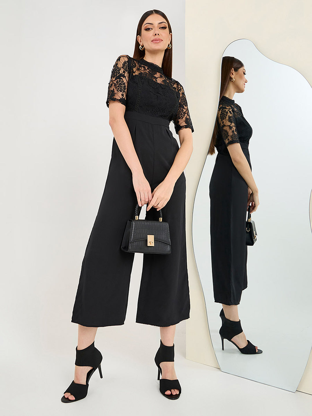 Women's Black Floral Printed Crepe Regular Fit Polo Neck Short Sleeve Regular Length Jumpsuit