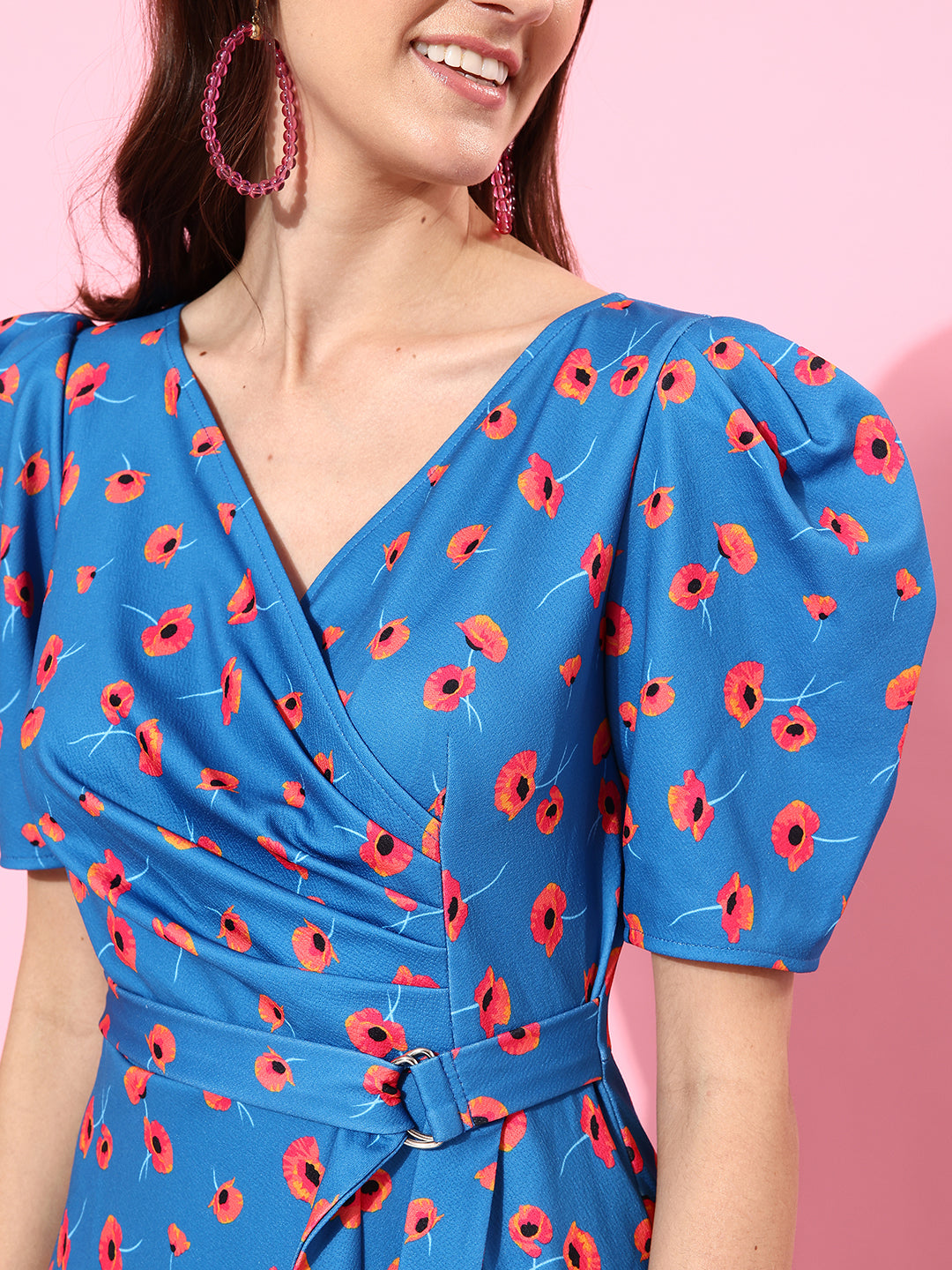 Crease Ease Women's Multicolored-Base-Blue V-Neck Pleated Puff Sleeve Floral Patterned Wrap Midi Polyester Dress