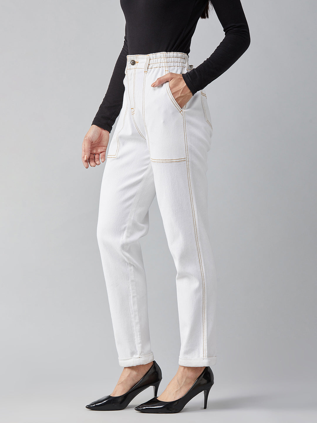 Women's White Mom's Jean High-Rise Stretchable Denim Jeans