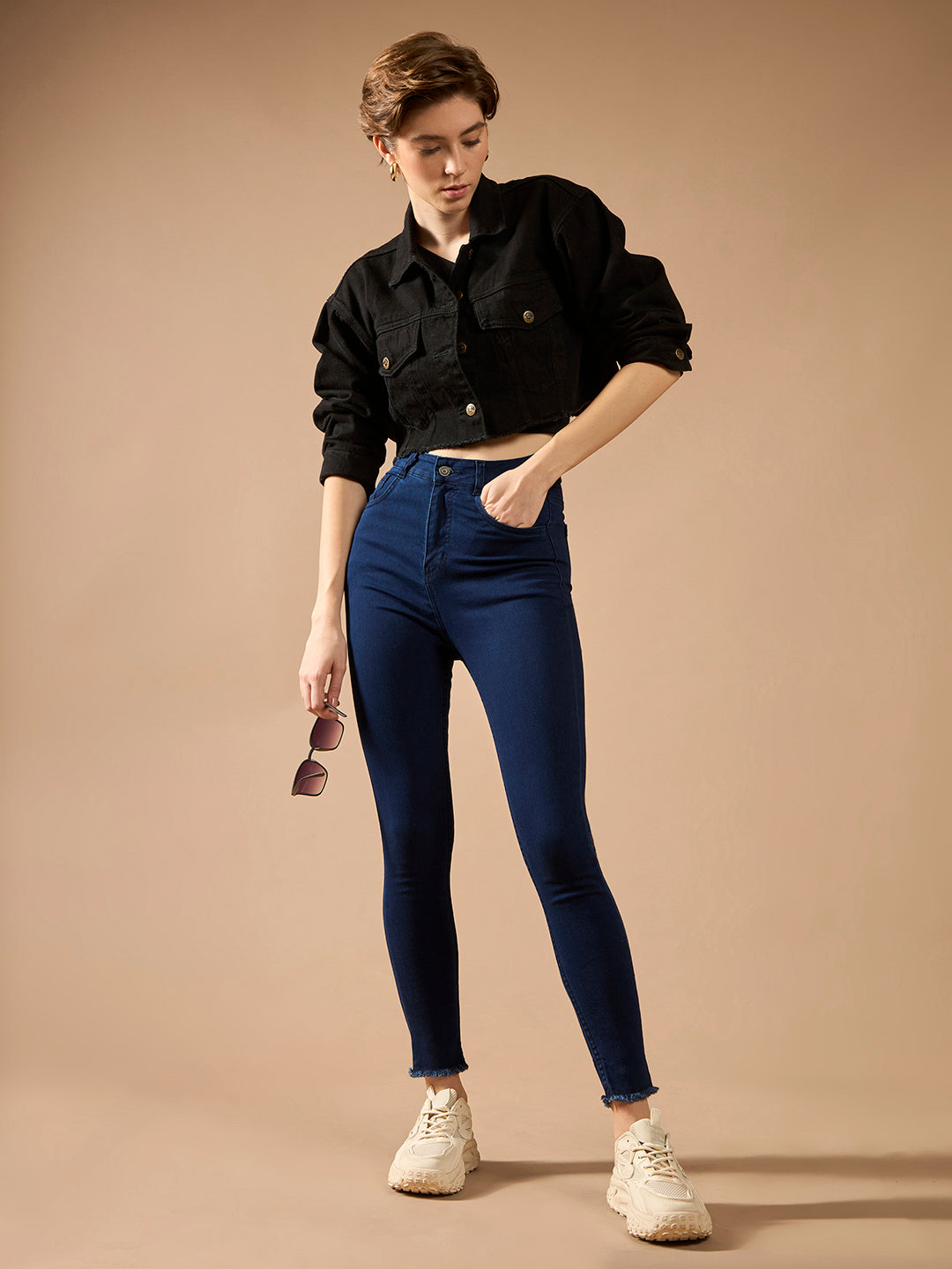 24/7 Comfort Navy-Blue Skinny High-Rise Solid Cropped Fringed Hemline Stretchable Denim Jeans