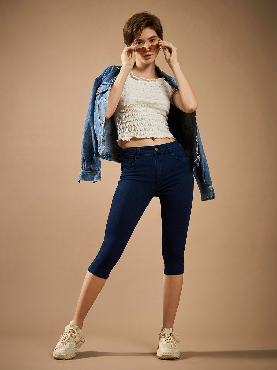 Women's Navy-Blue Skinny-Fit High-Rise Cropped-Length Clean-Look Denim Stretchable Capri Jeans