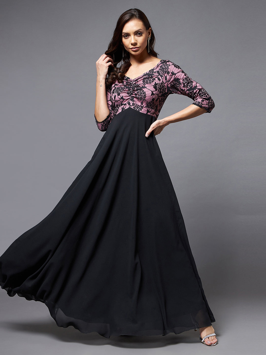 Black Long Sleeves Lace Empire Maxi Dress Long Dress Frock