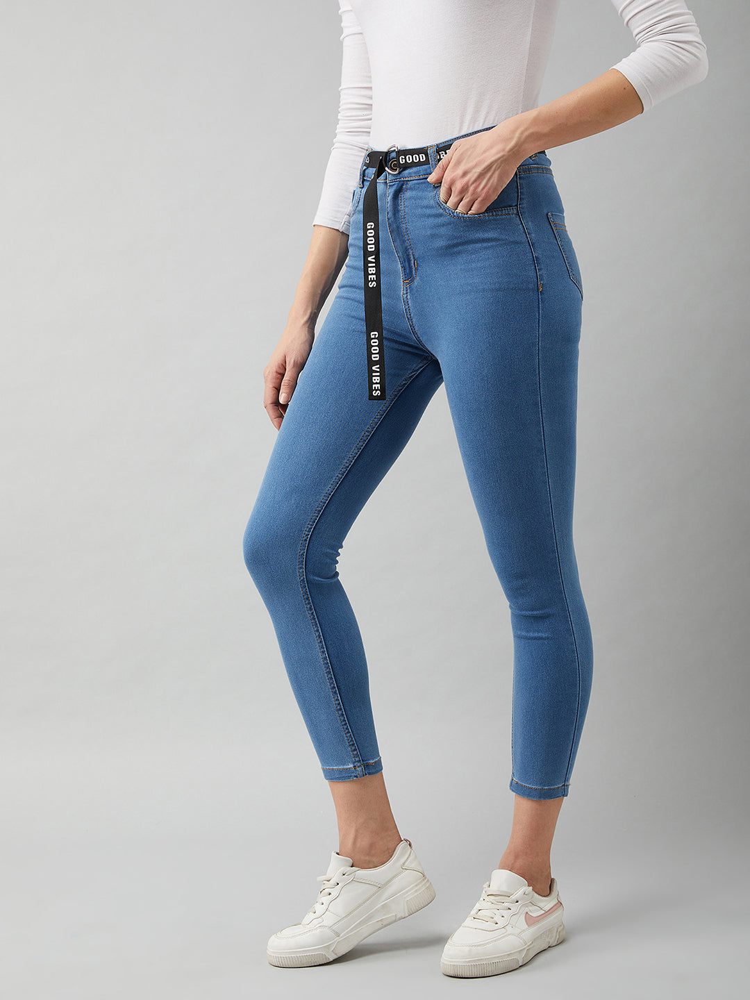 Women's Blue Cotton Skinny-Fit Cropped High-Rise Stretchable Denim Jeans