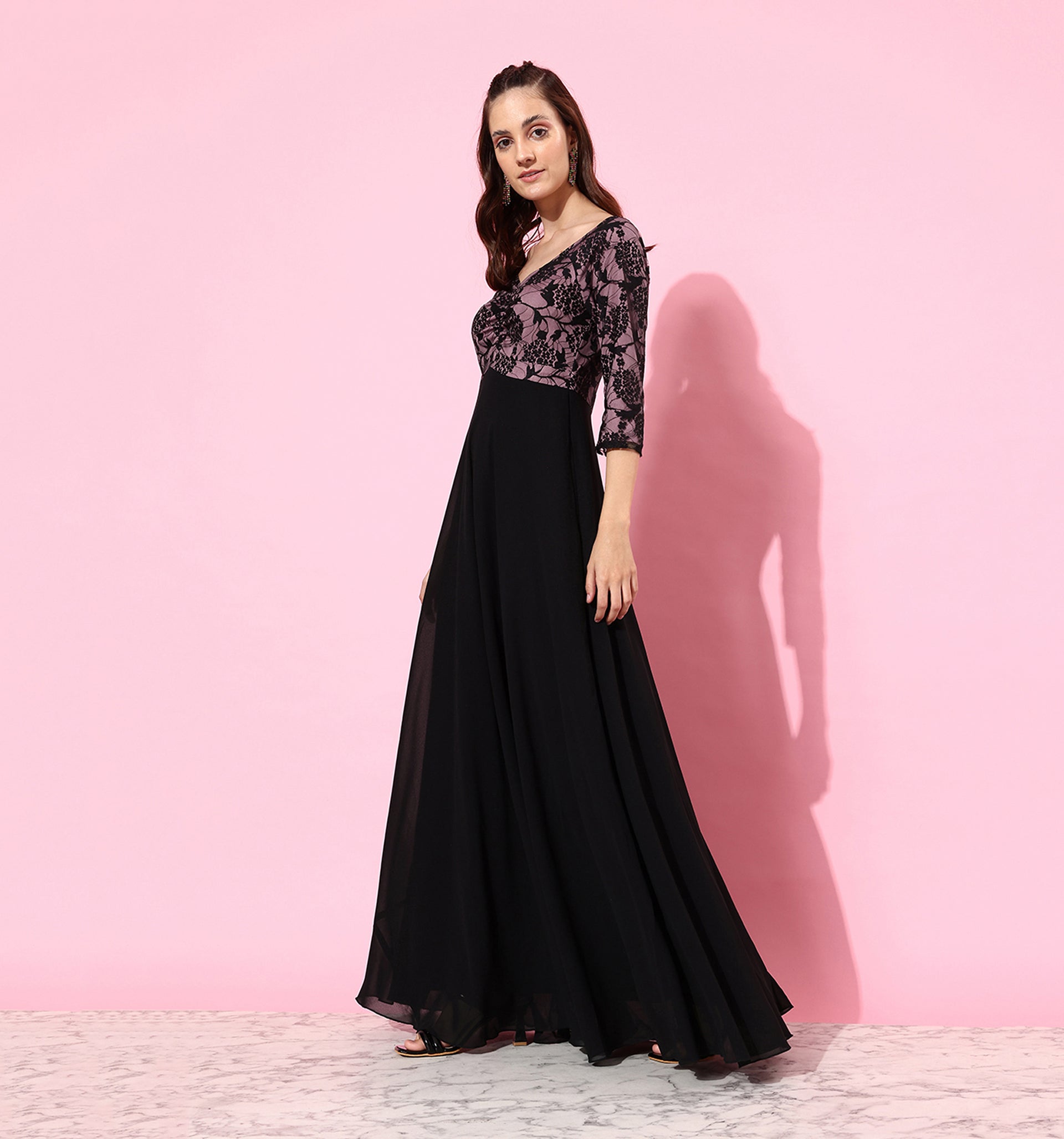 Women's Black And Lavender Sweet heart neck 3/4 Sleeve Self Design Fit & Flare Maxi Dress