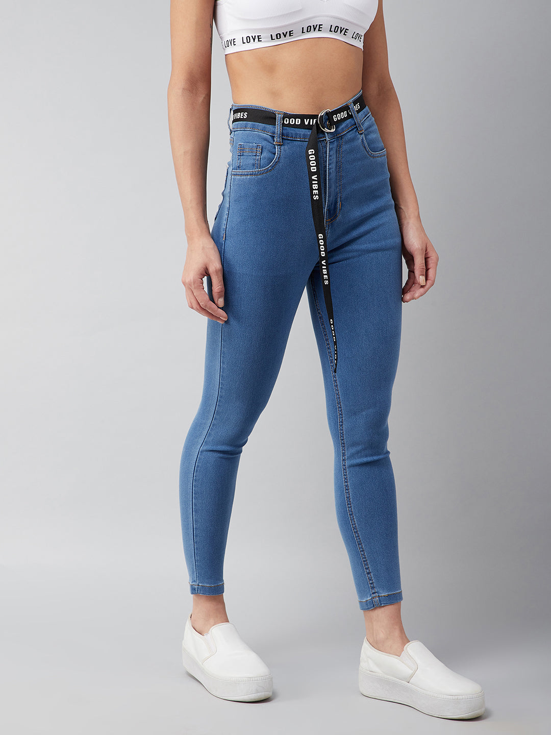 Women's Blue Cotton Skinny-Fit Cropped High-Rise Stretchable Denim Jeans